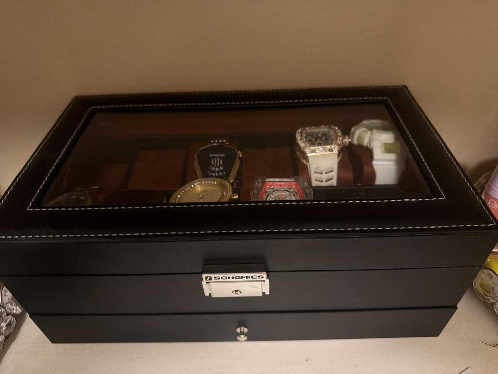 SONGMICS Watch Box, 12-Slot Watch Case Organizer with Large Glass Lid, 2 Layers, Removable Pillows, Metal Lock, Black Synthetic Leather, Gray Lining customer photo 1