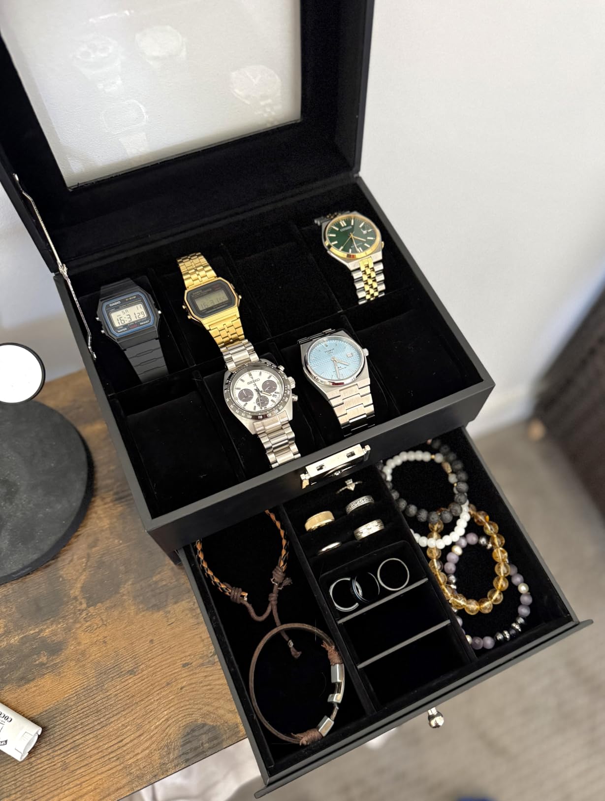 SONGMICS Watch Box, 12-Slot Watch Case Organizer with Large Glass Lid, 2 Layers, Removable Pillows, Metal Lock, Black Synthetic Leather, Gray Lining customer photo 2