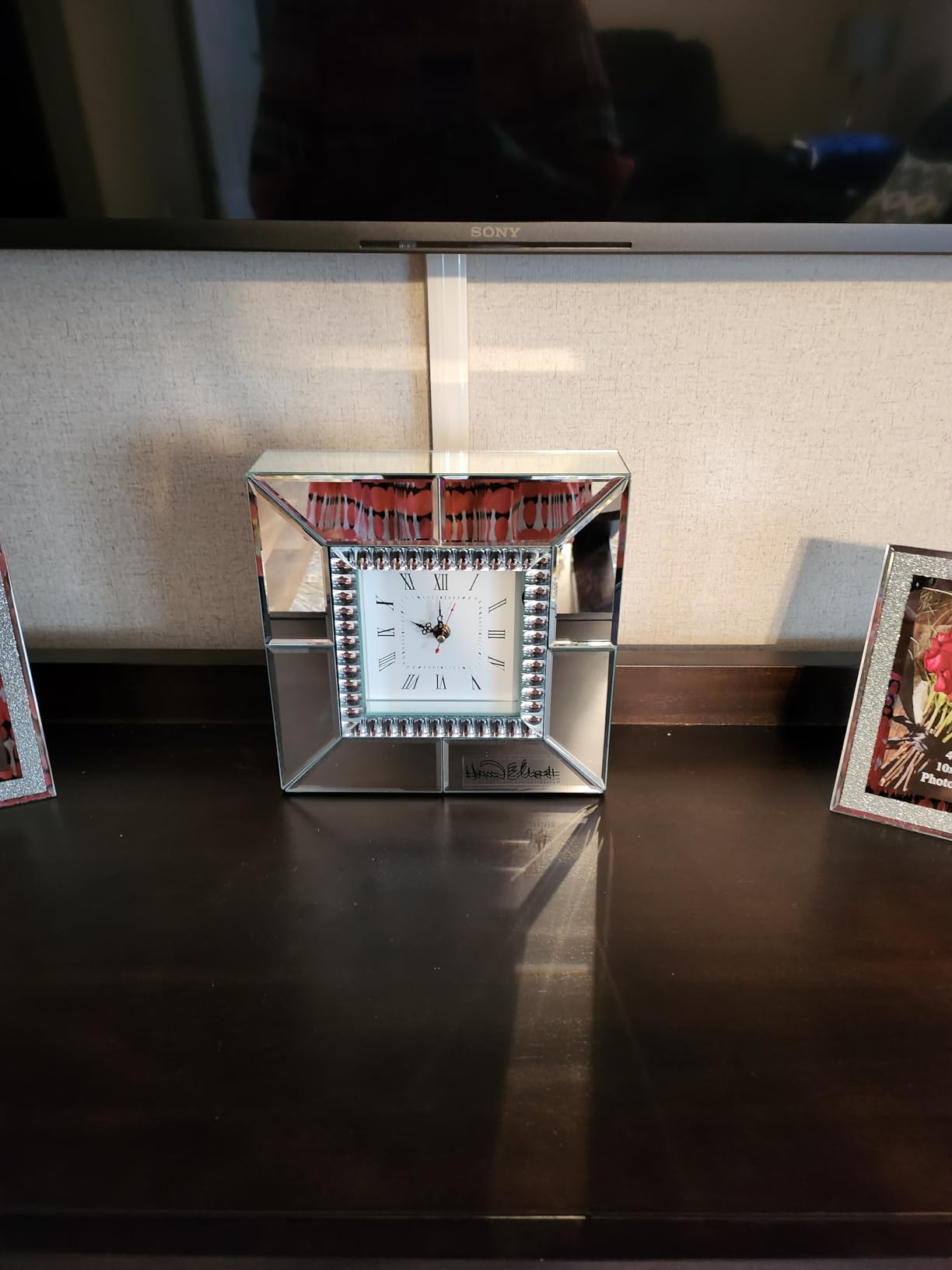 Howard Elliott Collection Mirrored Finish Table Clock with Beaded Glass Trim, Decorative Silver Mirror Clock for Office, Desk or Bedside Table, Gift for Wedding, Anniversary and Birthdays 10 x 10 Inch customer photo 1