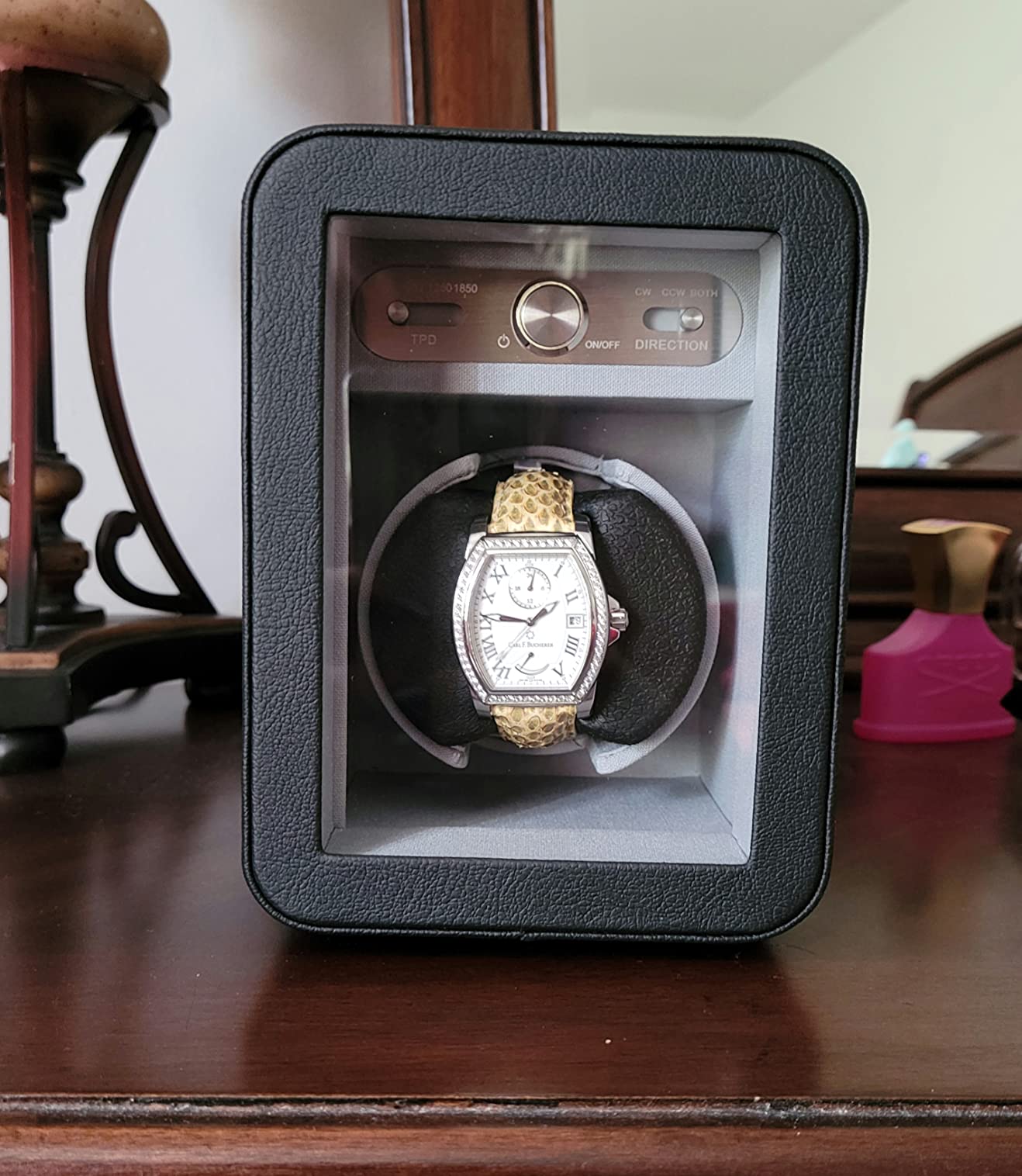 Heiden Monaco Watch Winder - Automatic Watch Winder for Automatic Watches, Rolex - Black Leather - Battery Powered or AC Adapter, 12 Program Settings, Diamond Stitched Vegan Leather customer photo 1