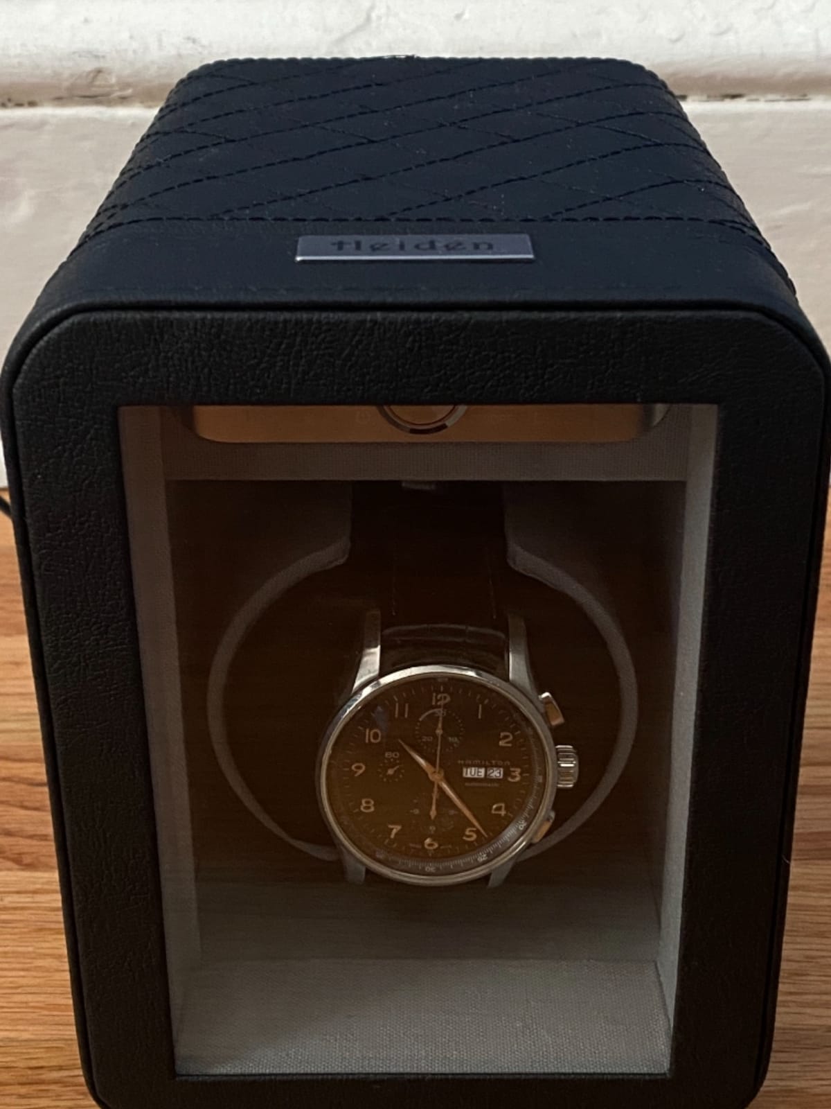 Heiden Monaco Watch Winder - Automatic Watch Winder for Automatic Watches, Rolex - Black Leather - Battery Powered or AC Adapter, 12 Program Settings, Diamond Stitched Vegan Leather customer photo 2