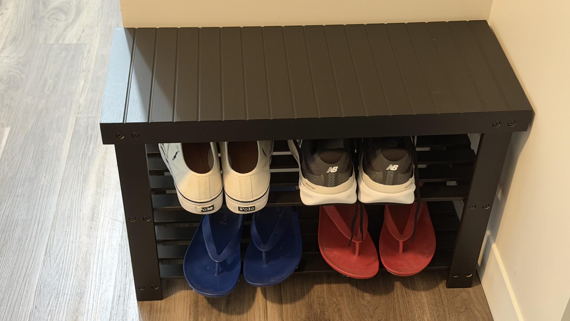 SONGMICS Shoe Rack Bench, 3-Tier Bamboo Entryway Bench, 27.6 Inches Width customer photo 2