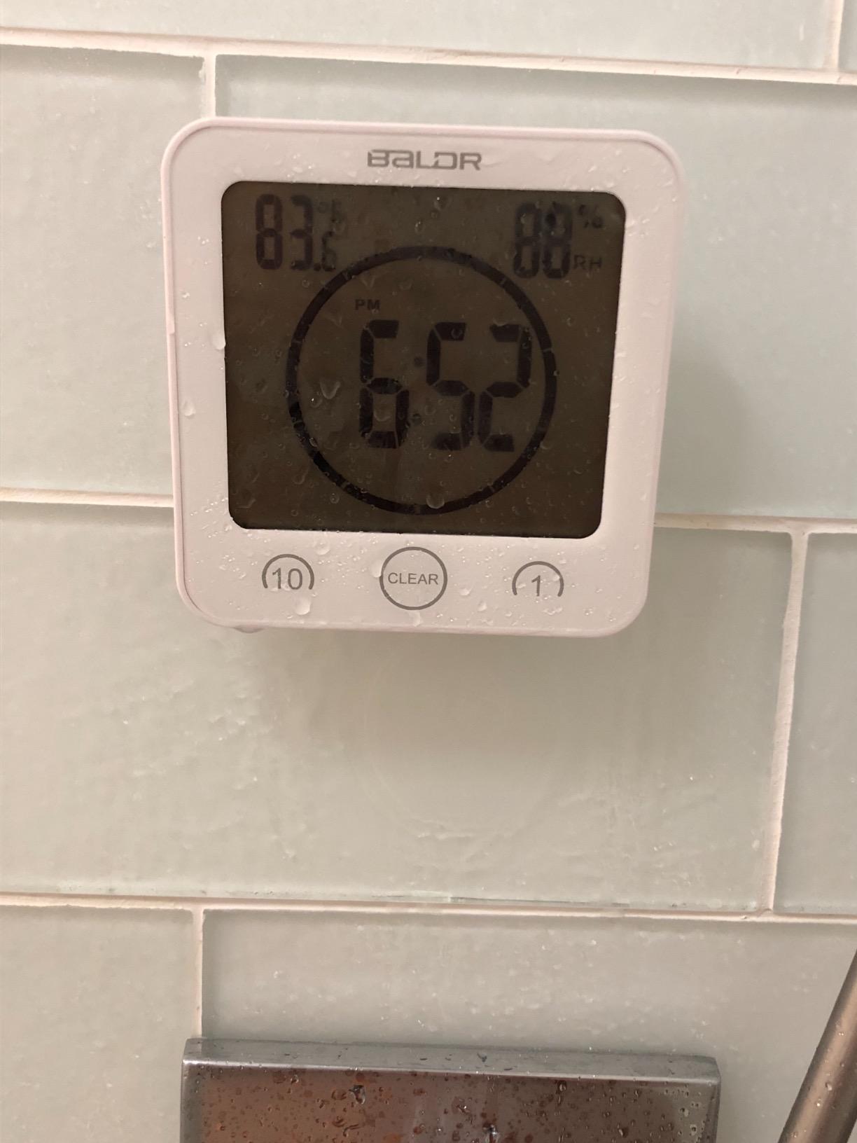 Baldr Waterproof Bathroom Shower Clock with Timer, Temperature and Humidity | Digital Timers for Kids and Adults, Bath Kitchen Study, White customer photo 2