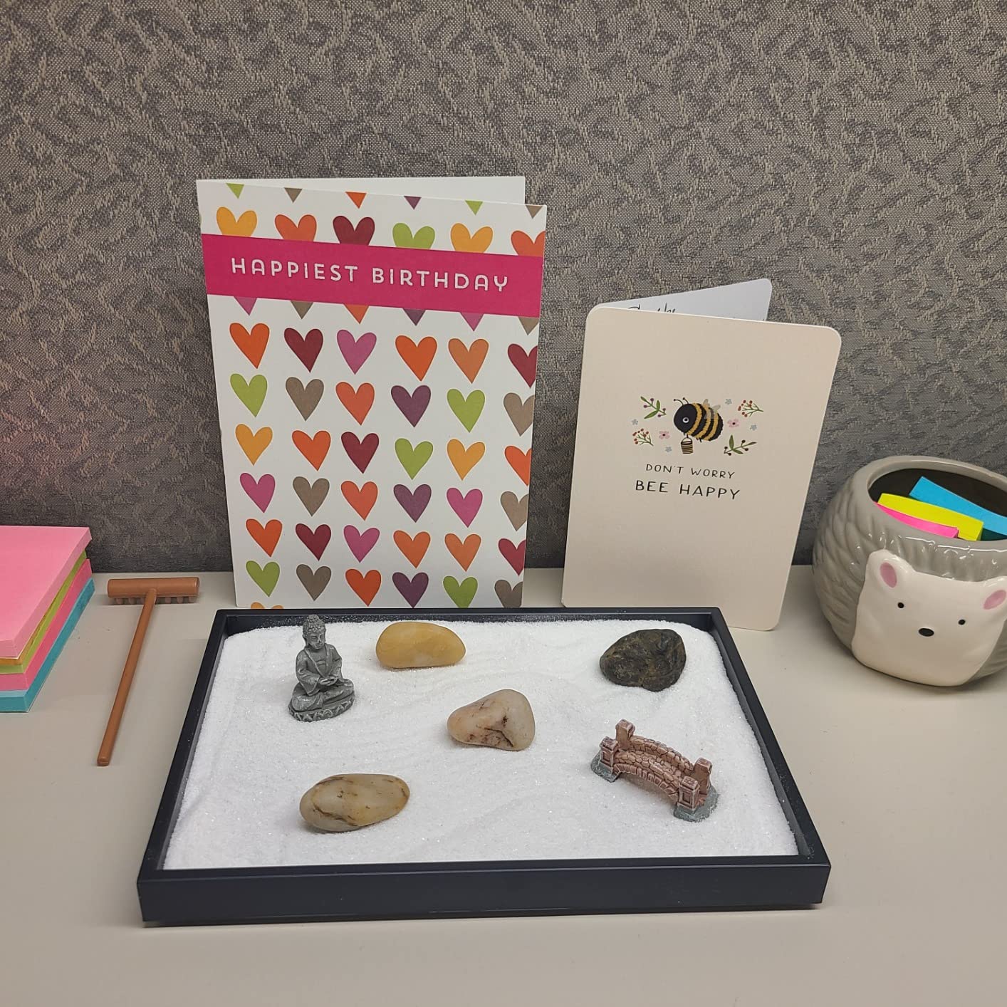 Nature's Mark Mini Zen Garden Kit for Desk with Rake, White Sand, Buddha Figure, Bridge Figure and River Rocks, Black Rectangle Base customer photo 1