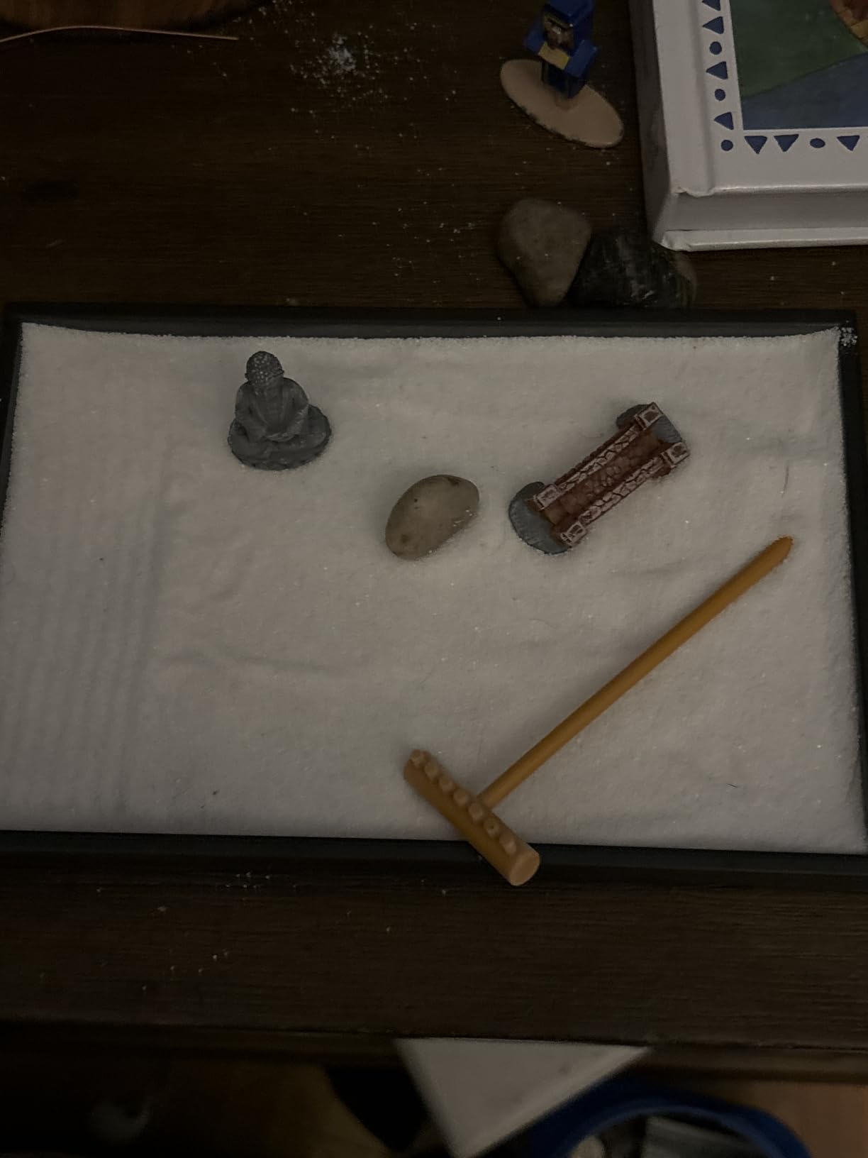 Nature's Mark Mini Zen Garden Kit for Desk with Rake, White Sand, Buddha Figure, Bridge Figure and River Rocks, Black Rectangle Base customer photo 2