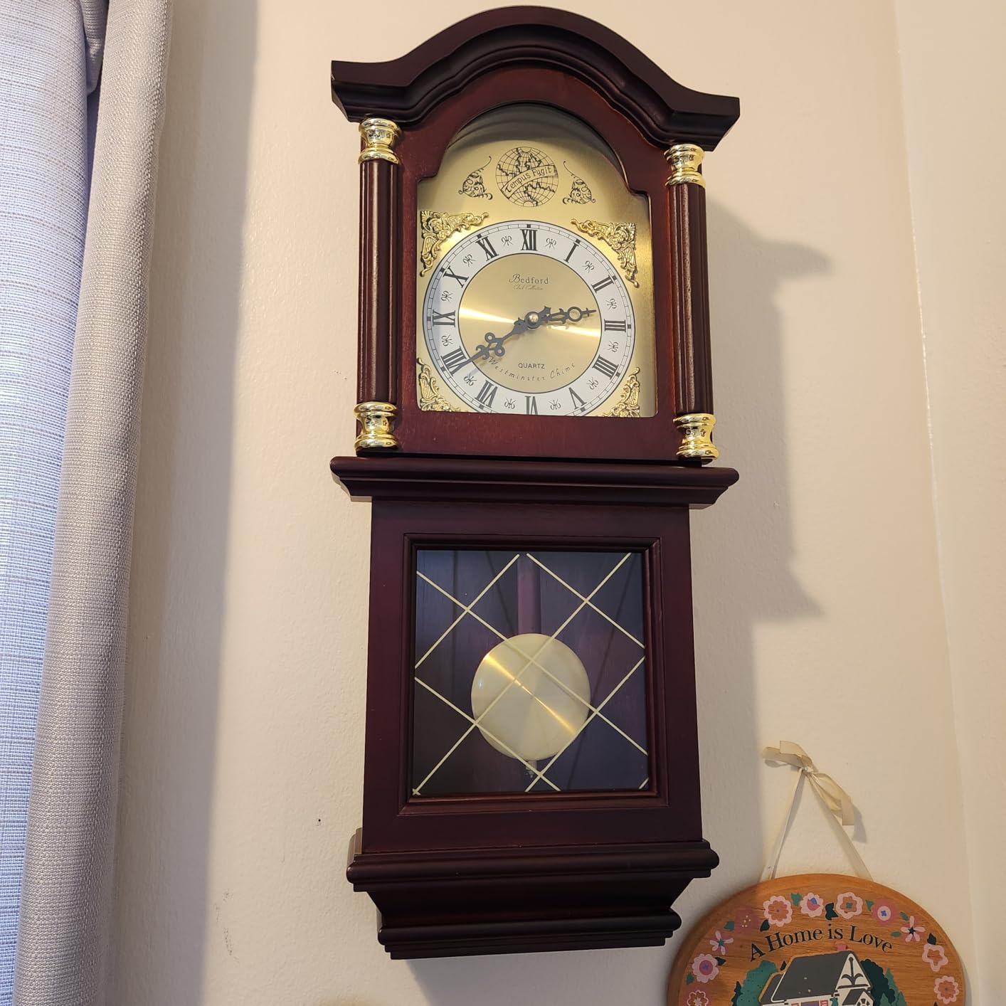 Bedford Clock Collection Antique Mahogany Cherry Oak Chiming Wall Clock with Roman Numerals, 26