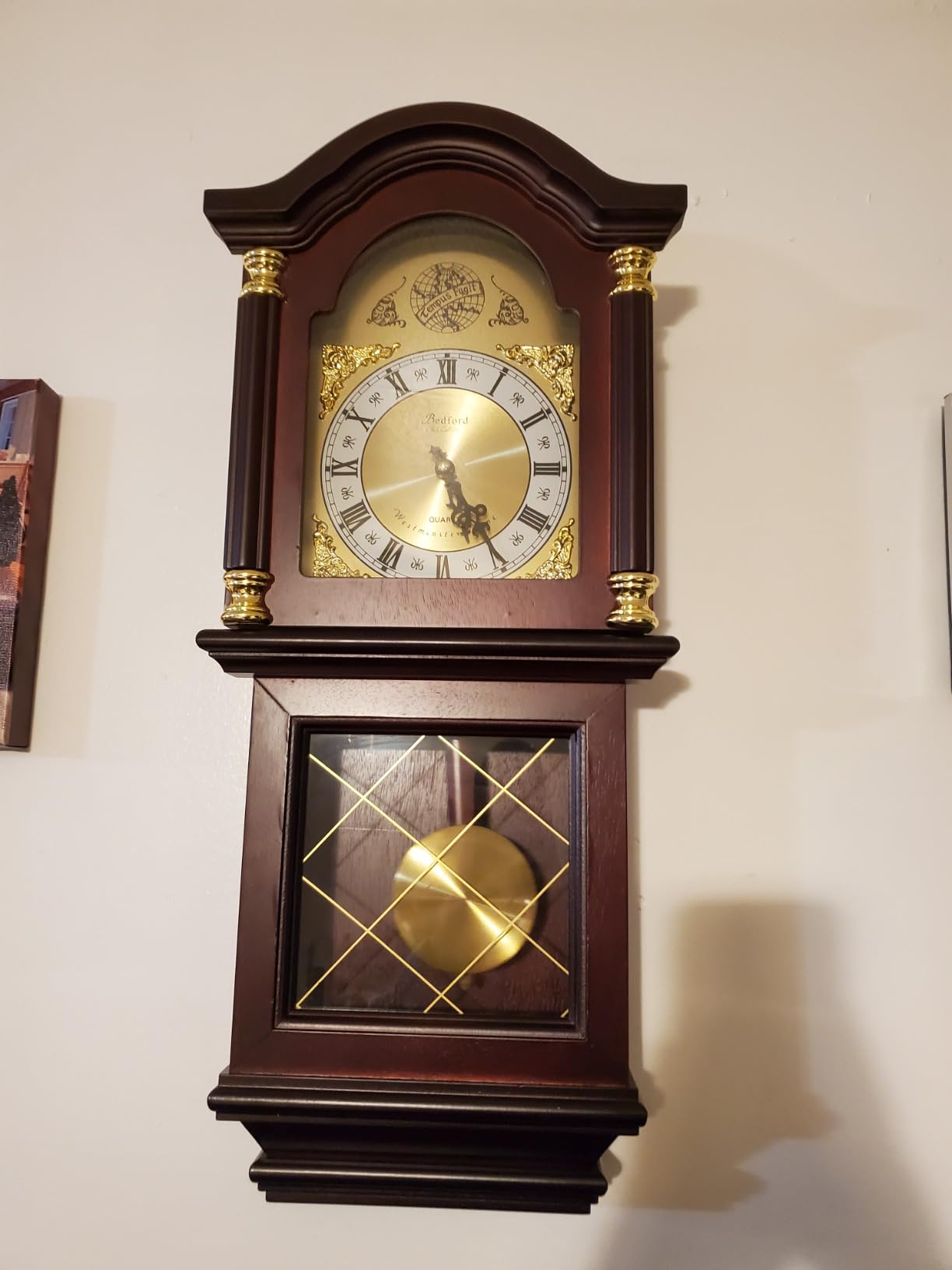 Bedford Clock Collection Antique Mahogany Cherry Oak Chiming Wall Clock with Roman Numerals, 26