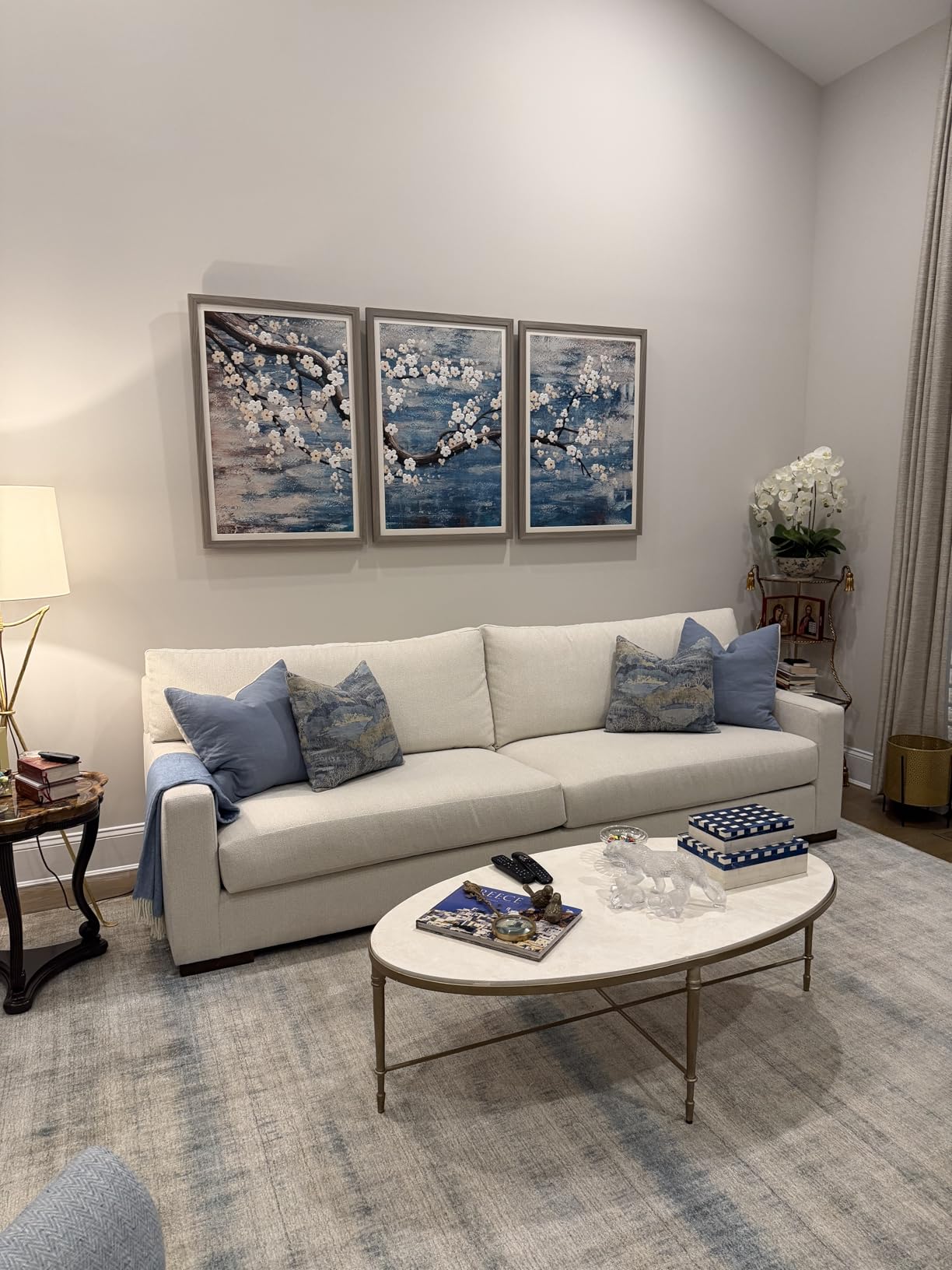 3 Piece Wall Art Hand-Painted Framed Flower Oil Painting On Canvas Gallery Wrapped Modern Floral Artwork for Living Room Bedroom Décor Teal Blue Lake Ready to Hang 12