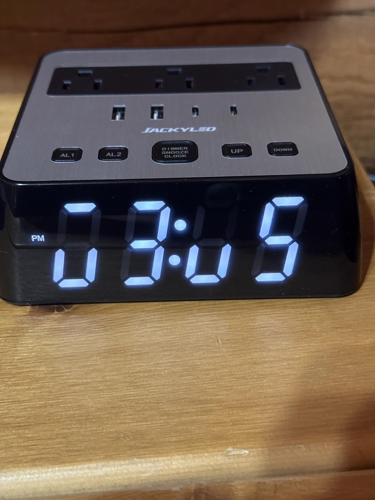 JACKYLED Alarm Clock with 4 USB Chargers Power Strip 3 Outlets 1700J Surge Protector Nightstand Dimmable Digital Clock with Dual Alarm and Snooze Function for Bedroom, Full Screen LED Display customer photo 1