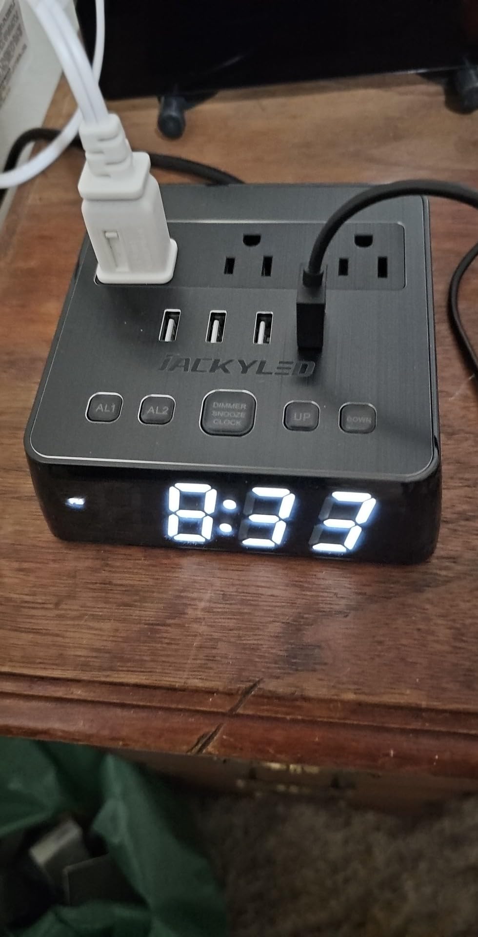 JACKYLED Alarm Clock with 4 USB Chargers Power Strip 3 Outlets 1700J Surge Protector Nightstand Dimmable Digital Clock with Dual Alarm and Snooze Function for Bedroom, Full Screen LED Display customer photo 2