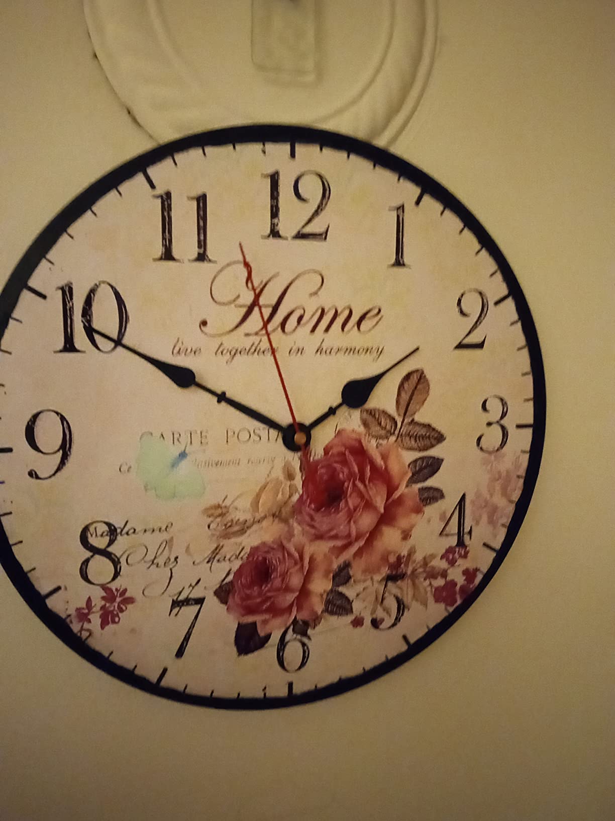 VIKMARI 14in Wooden Floral Wall Clock Battery Operated Silent Home Decor | Arabic Numerals Quartz Movement Round Indoor Decorative Vintage French Kitchen Clock (Pink Roses) customer photo 2