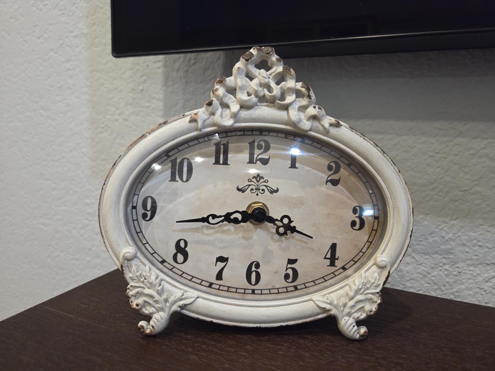 NIKKY HOME Small Vintage Table Clock Distressed White, Shabby Chic Decor | Battery Operated Decorative Metal Oval Desk Clock customer photo 2