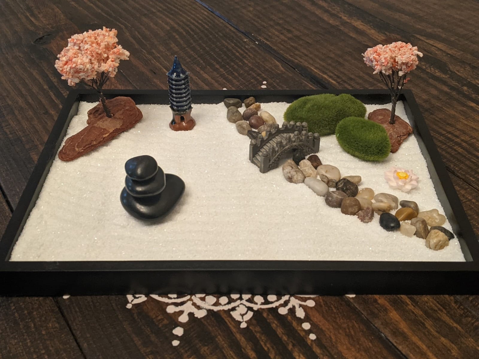 Island Falls Home Zen Garden Kit for Desk, Mini Zen Garden 11x8in Decor | Japanese Sand Garden for Desk, Home or Office. Desktop Meditation Set, Sand Tray Therapy with 6 Tools & 15 Accessories customer photo 1