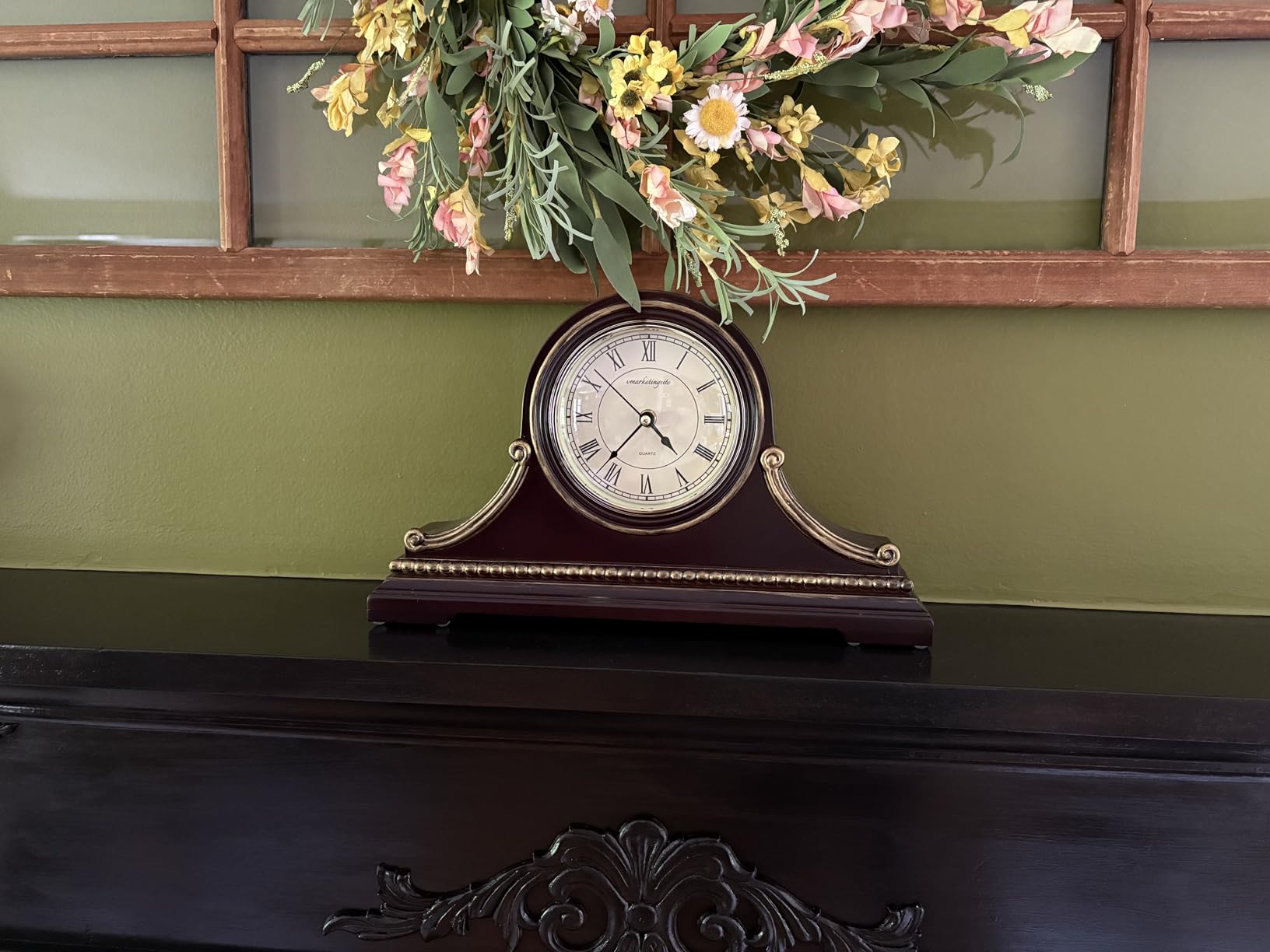 Mantel Clock, Battery Operated, Silent Wood Table Clock with Westminster Chimes, Maroon Arabic Numerals, 9