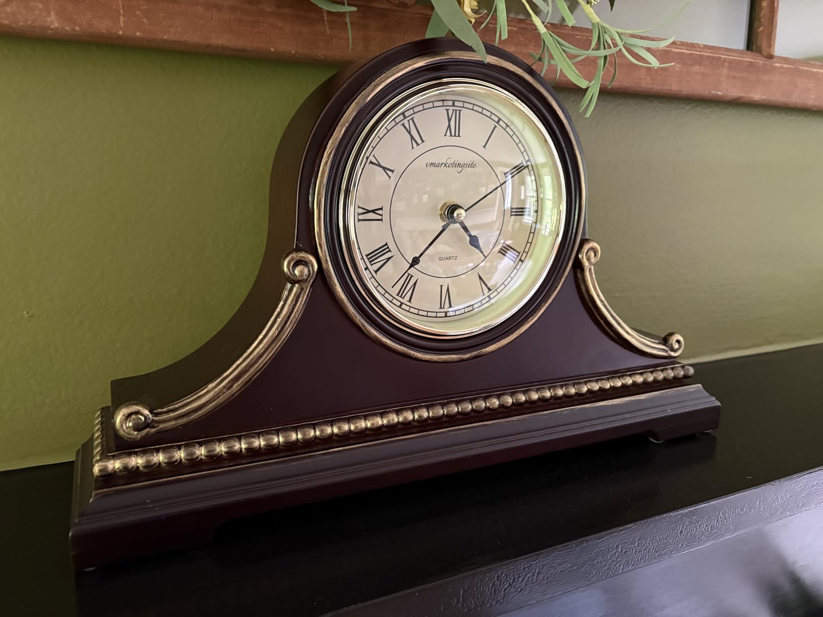 Mantel Clock, Battery Operated, Silent Wood Table Clock with Westminster Chimes, Maroon Arabic Numerals, 9