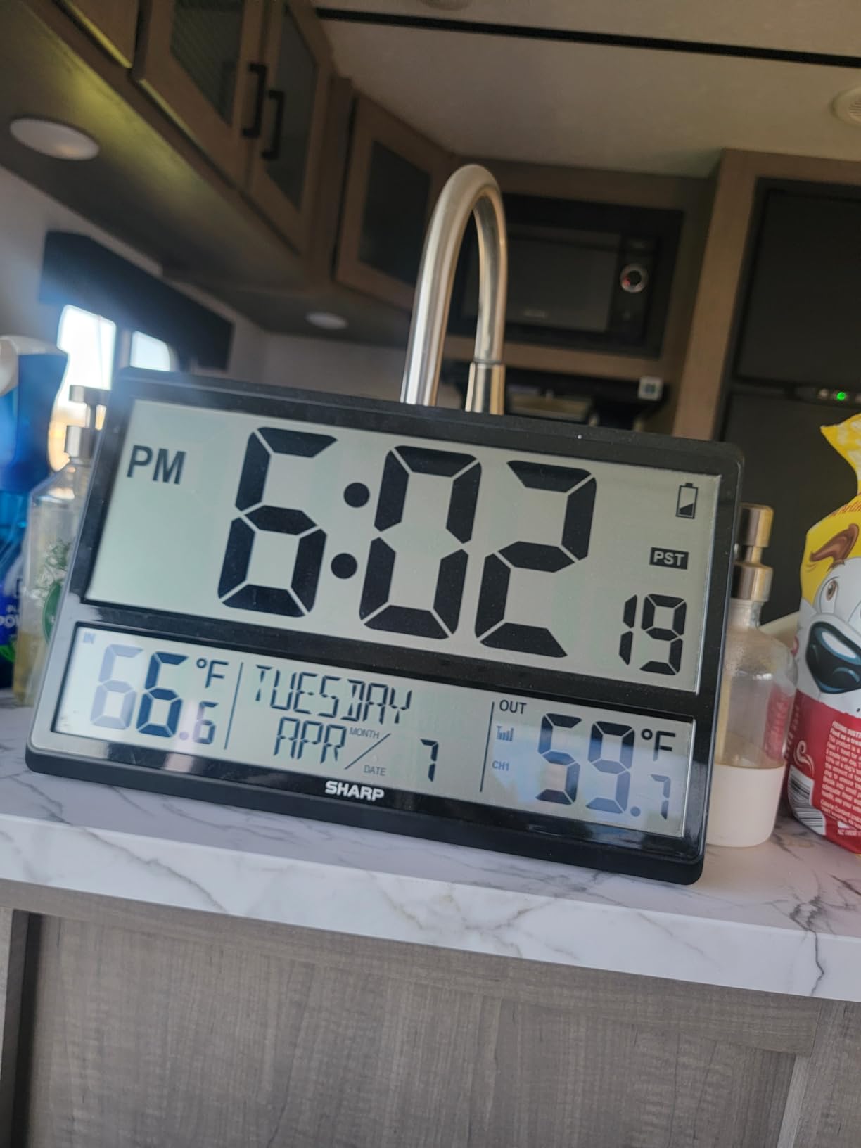 Sharp Atomic Clock with 4-Inch Display, Outdoor Sensor, Battery Powered | 4-inch numbers; Self-setting atomic time; Indoor/outdoor temperature; Wireless sensor; Battery powered; Easy setup customer photo 1