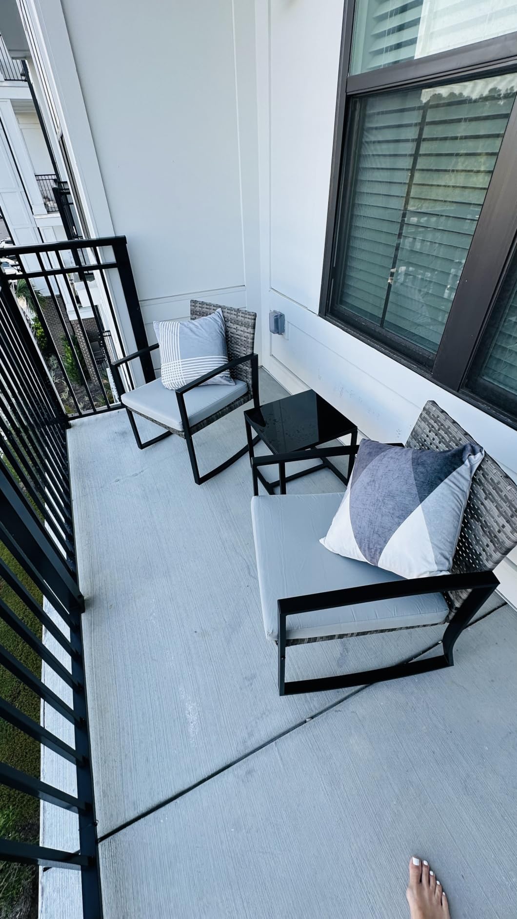 Qsun 3 Pieces Patio Furniture Set Rocking Bistro Set Outdoor Rattan Conversation with Coffee Table for Garden Balcony Backyard Poolside (Grey Cushion) customer photo 2