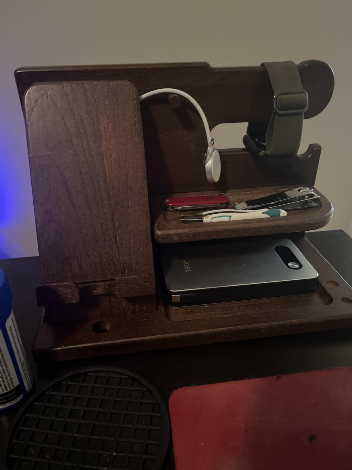 TESLYAR Wood Phone Docking Station for Men - Desk or Nightstand Organizer - Birthday Gifts for Husband, Dad - Anniversary Idea from Wife - Key Holder, Stand Wallet, Watch & Essentials (Granite Black) customer photo 2