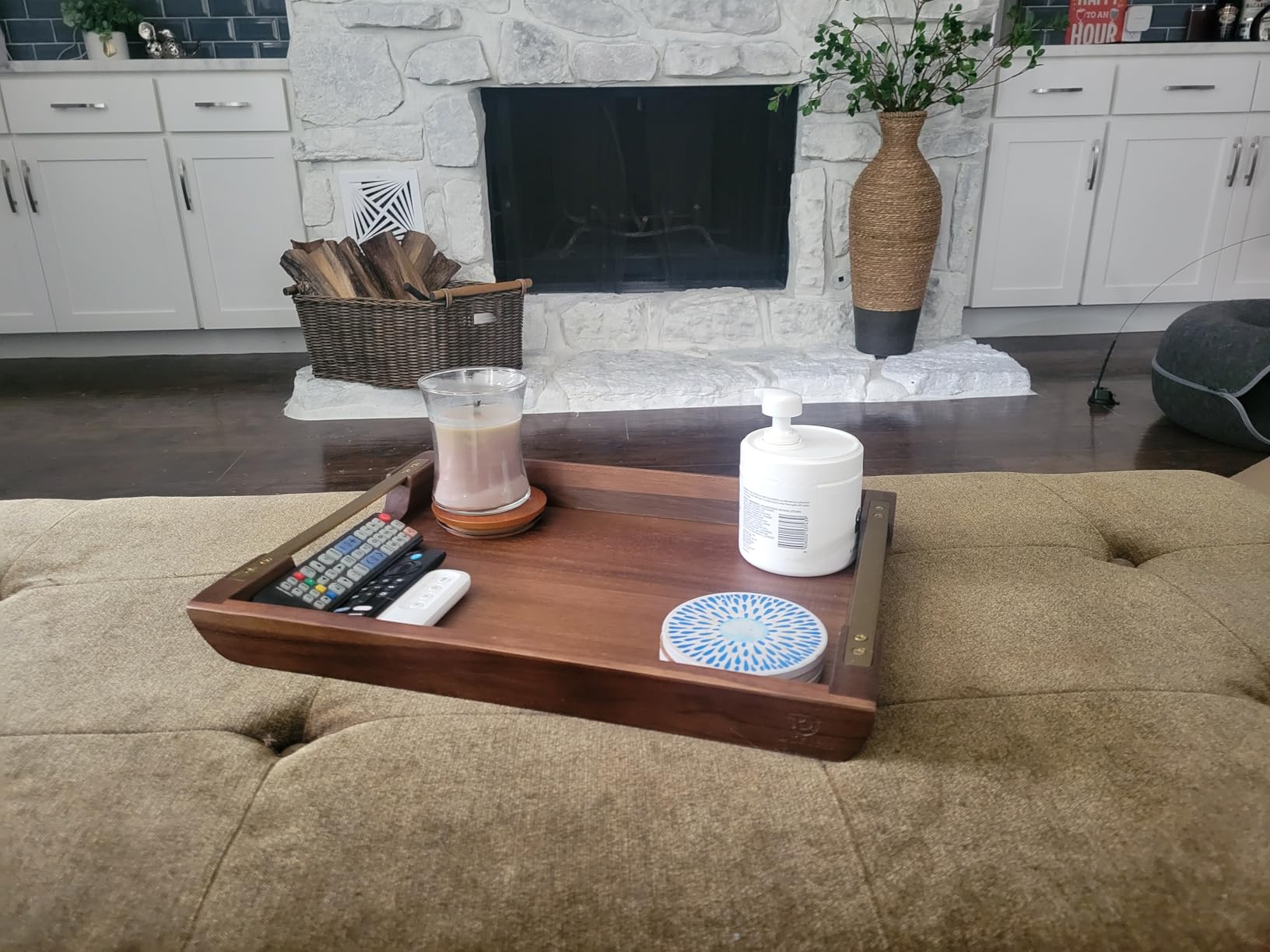 Acacia Wood Serving Tray with Metal Handle, 17x13in Tray for Ottoman customer photo 1