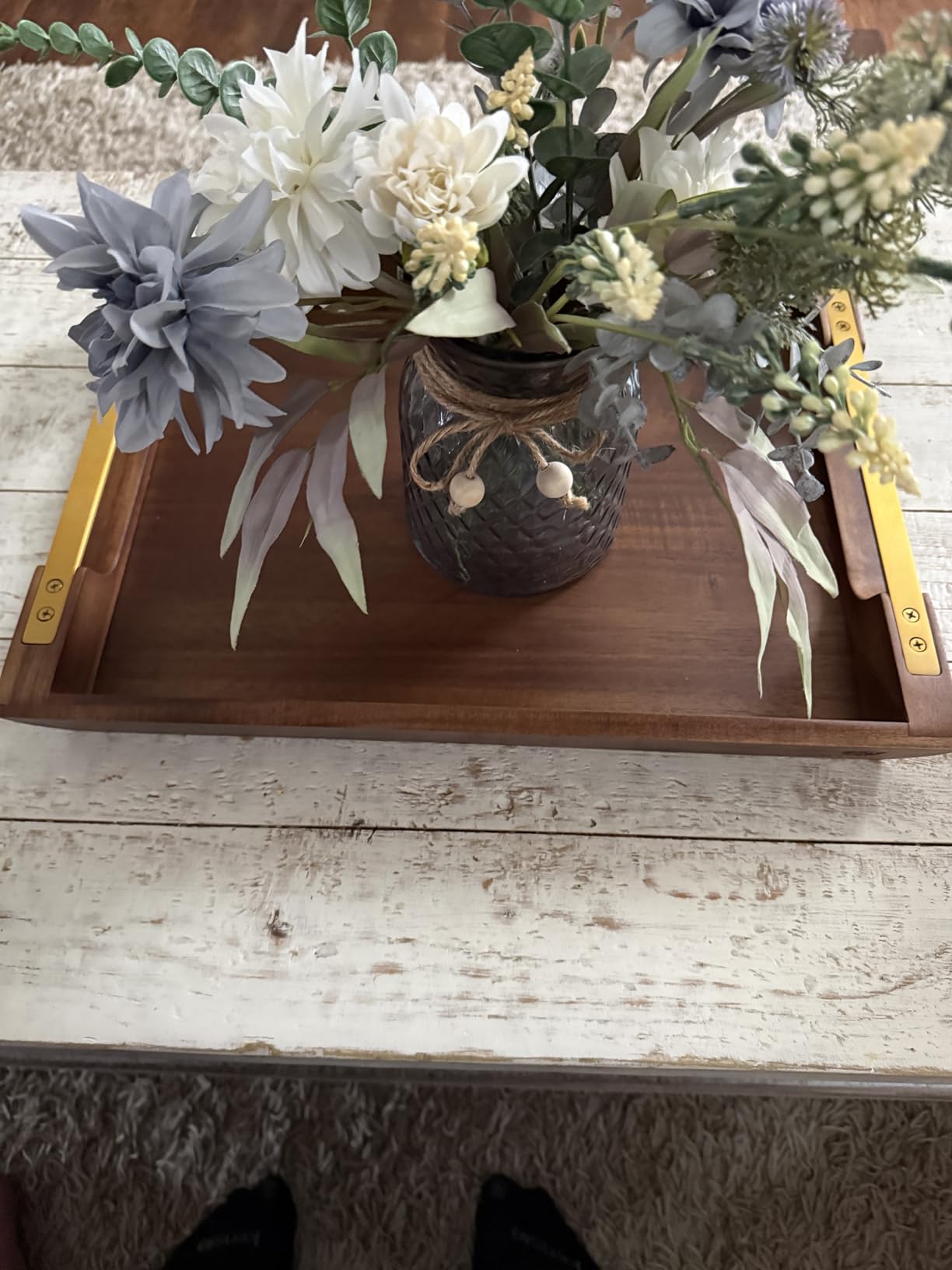 Acacia Wood Serving Tray with Metal Handle, 17x13in Tray for Ottoman customer photo 2