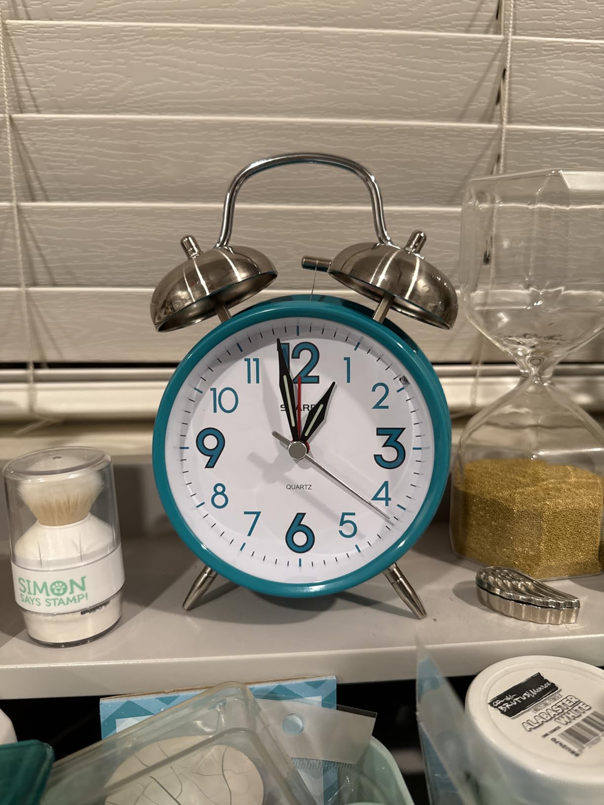 Sharp 4-Inch Twin Bell Alarm Clock for Heavy Sleepers, Cornflower Blue - Extra-loud metal bell alarm, quiet quartz movement, press-button backlight, rustic bronze accents, battery operated customer photo 1