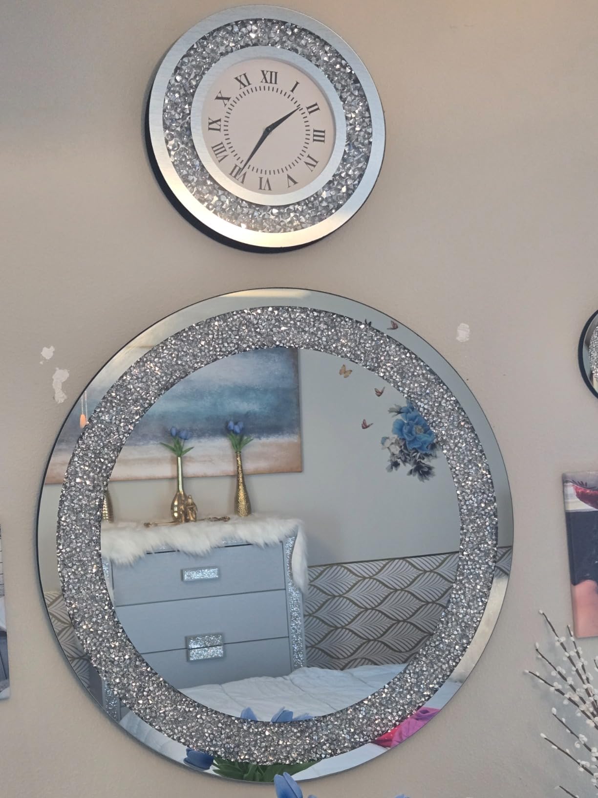 Silver Mirror Clock Crystal Sparkle Twinkle Bling Crush Diamond Mirrored Large Wall Clock, 14 inches Round customer photo 2