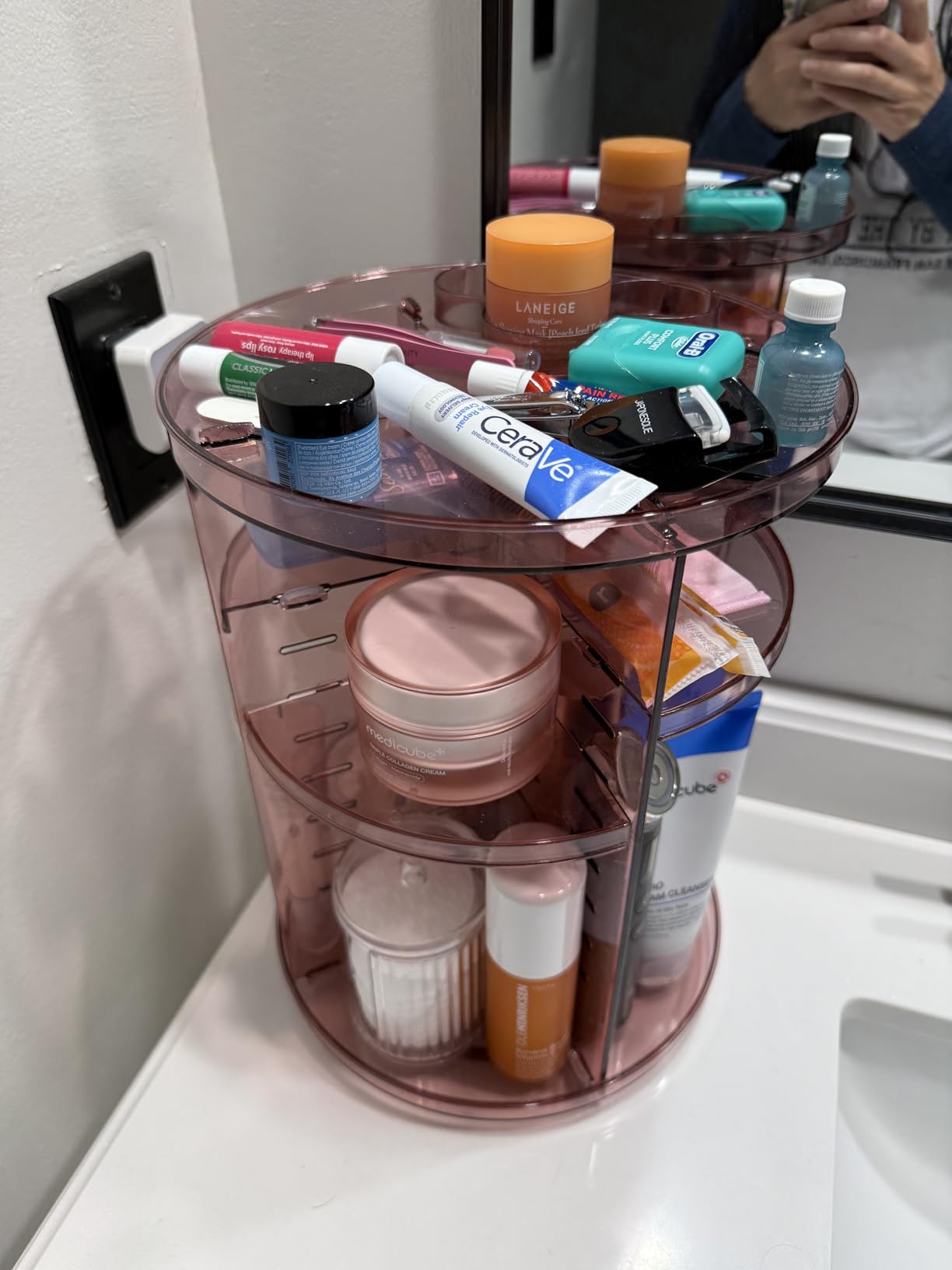 Rotating Makeup Organizer, DIY 8 Adjustable Layers Spinning Skincare Storage, Cosmetic Display Case with Brush Holder and Perfume Tray, Multi-Function Vanity Bathroom Countertop Organizer Clear customer photo 1