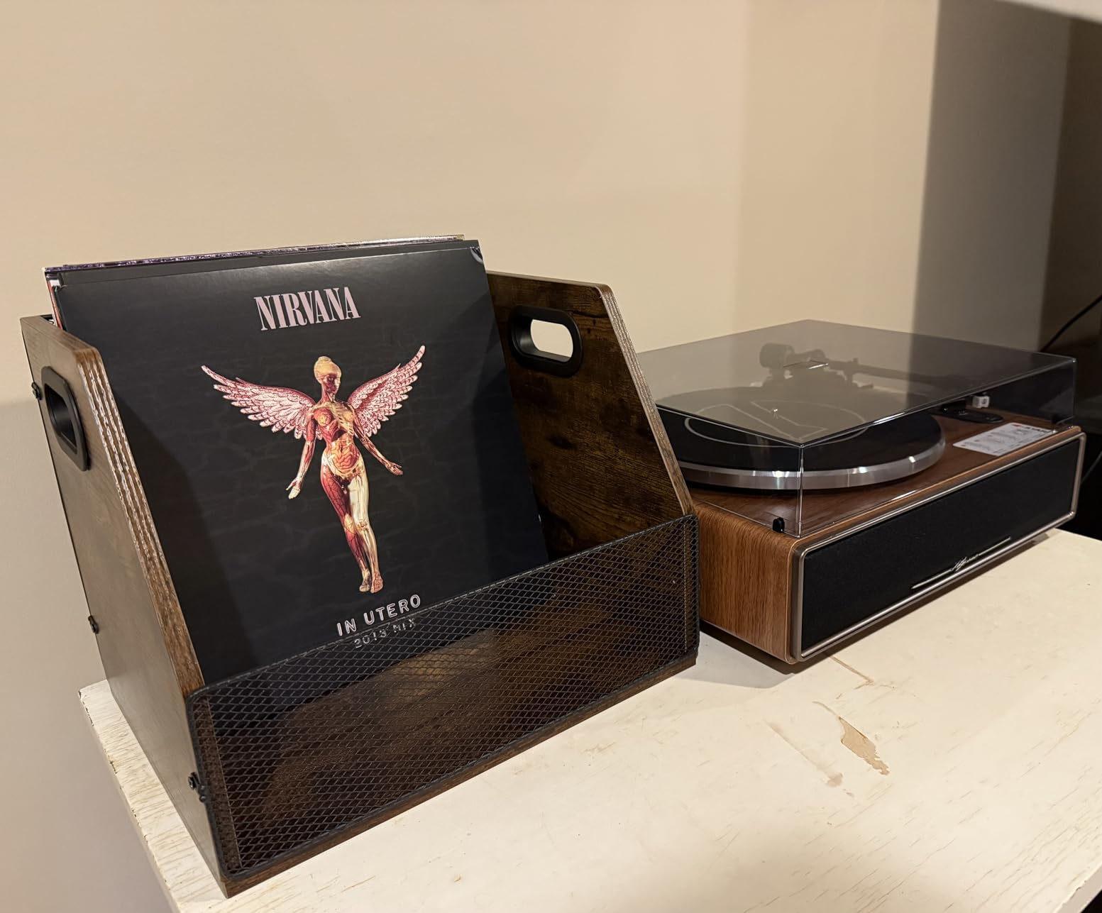 Homeiju Vinyl Record Storage, Record Box Case Crate, Vinyl Record Album Holder, Metal & Wooden LP Record Crate, Holds up to 60 Records customer photo 2