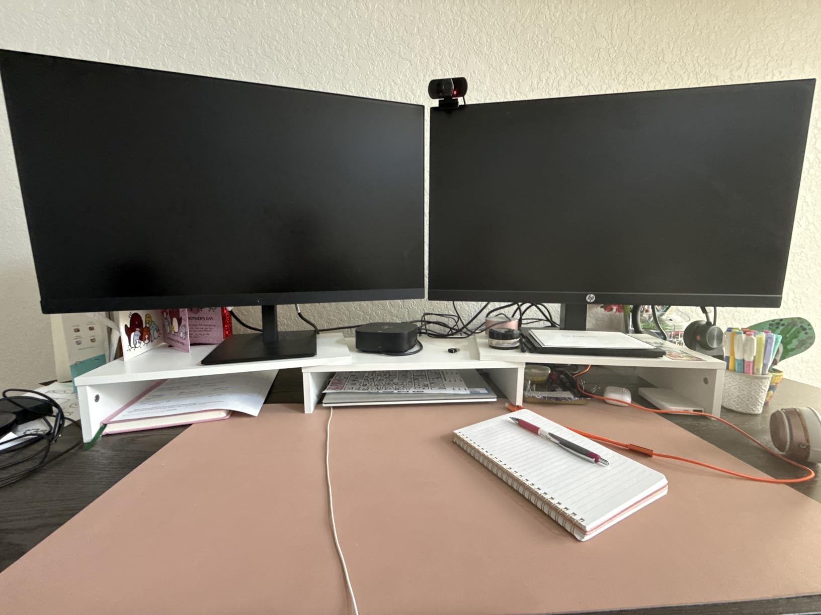 BONTEC Dual Monitor Stand Riser, Adjustable Length & Swivel Angle, White customer photo 1