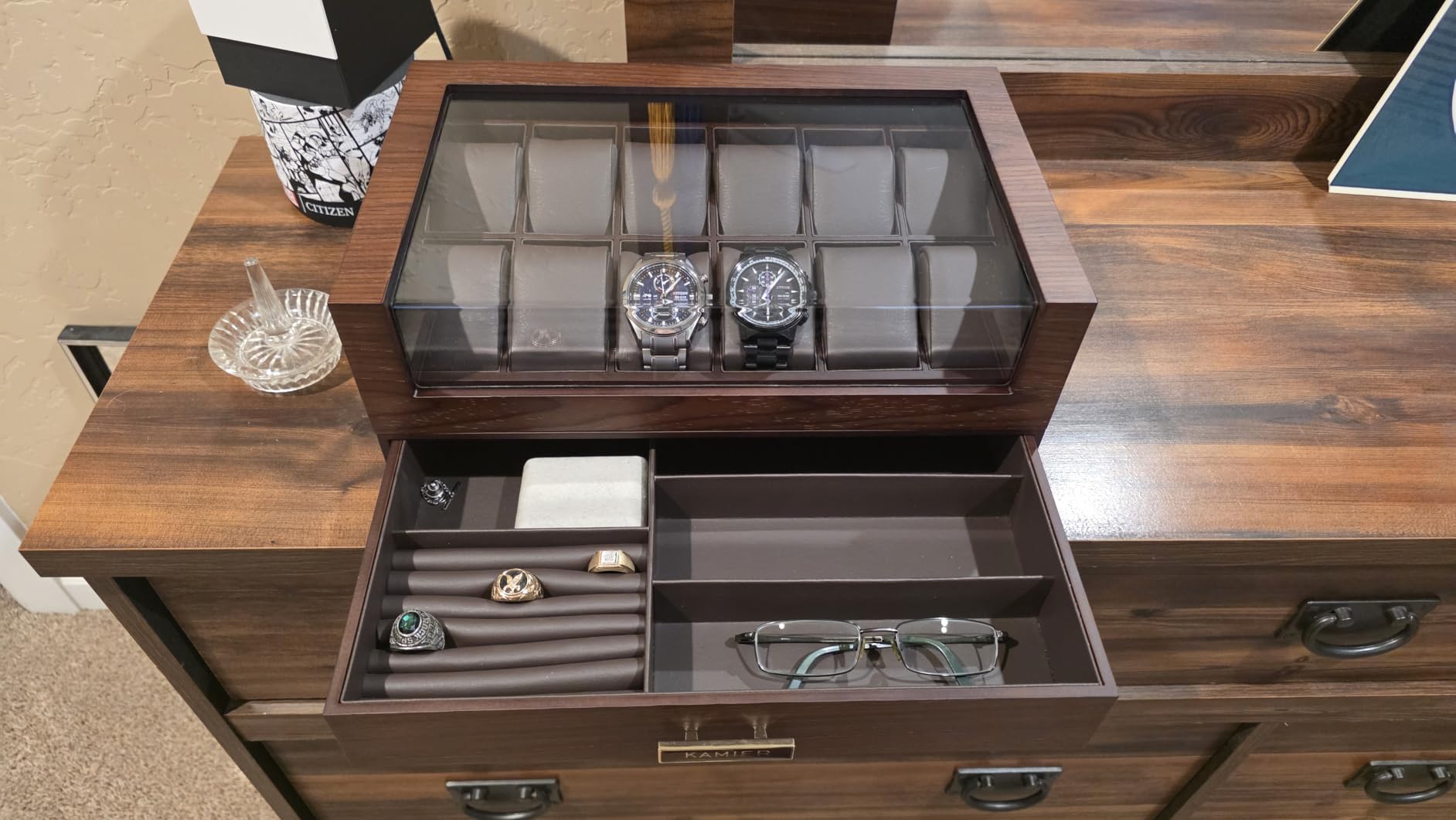 KAMIER High End Watch Box for Men, 12 Slot Wooden Watch Case with Drawer, 2-Layer Watch Holder for Jewelry and Watch Storage (With Gift Box) customer photo 1