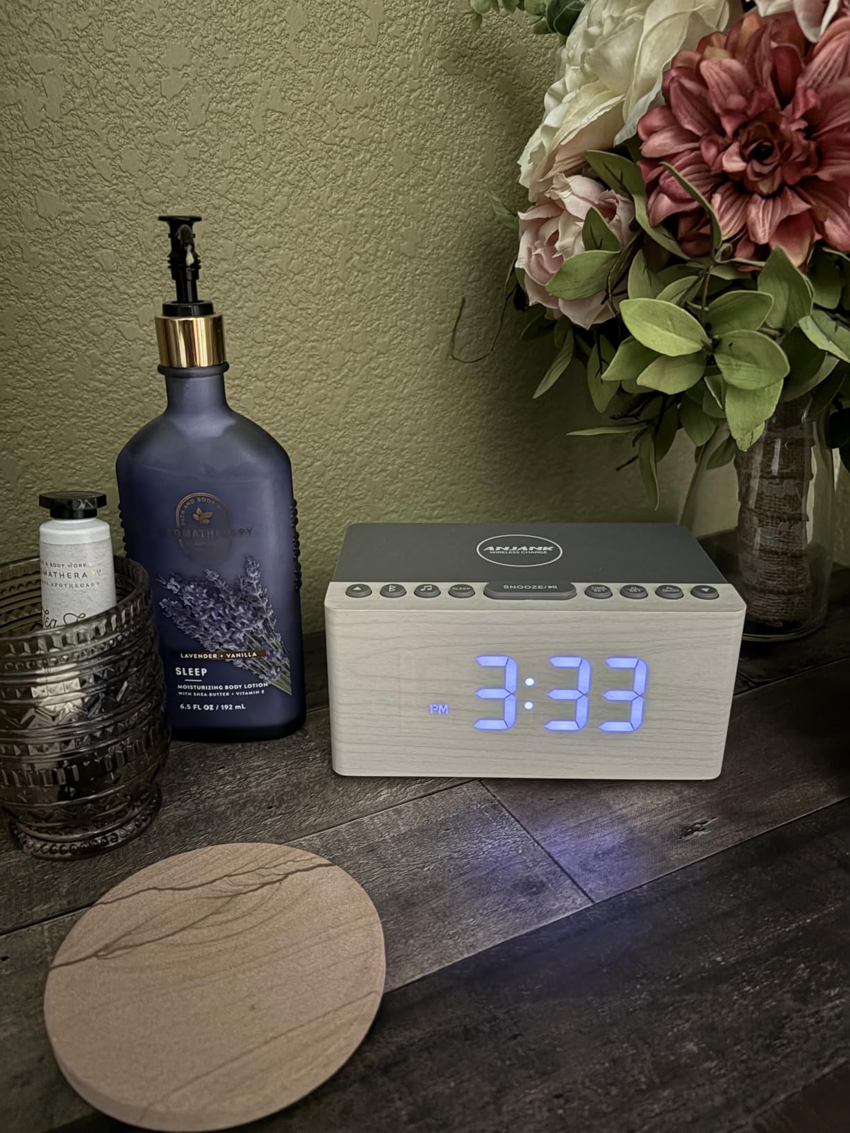 ANJANK Wooden Bluetooth Speaker Alarm Clock with FM Radio, Wireless Charging Station for iPhone/Samsung, USB Charger Port, Dimmable Display, Sleep Timer, Digital Wood Bedroom, Bedside Grey+bluetooth customer photo 1