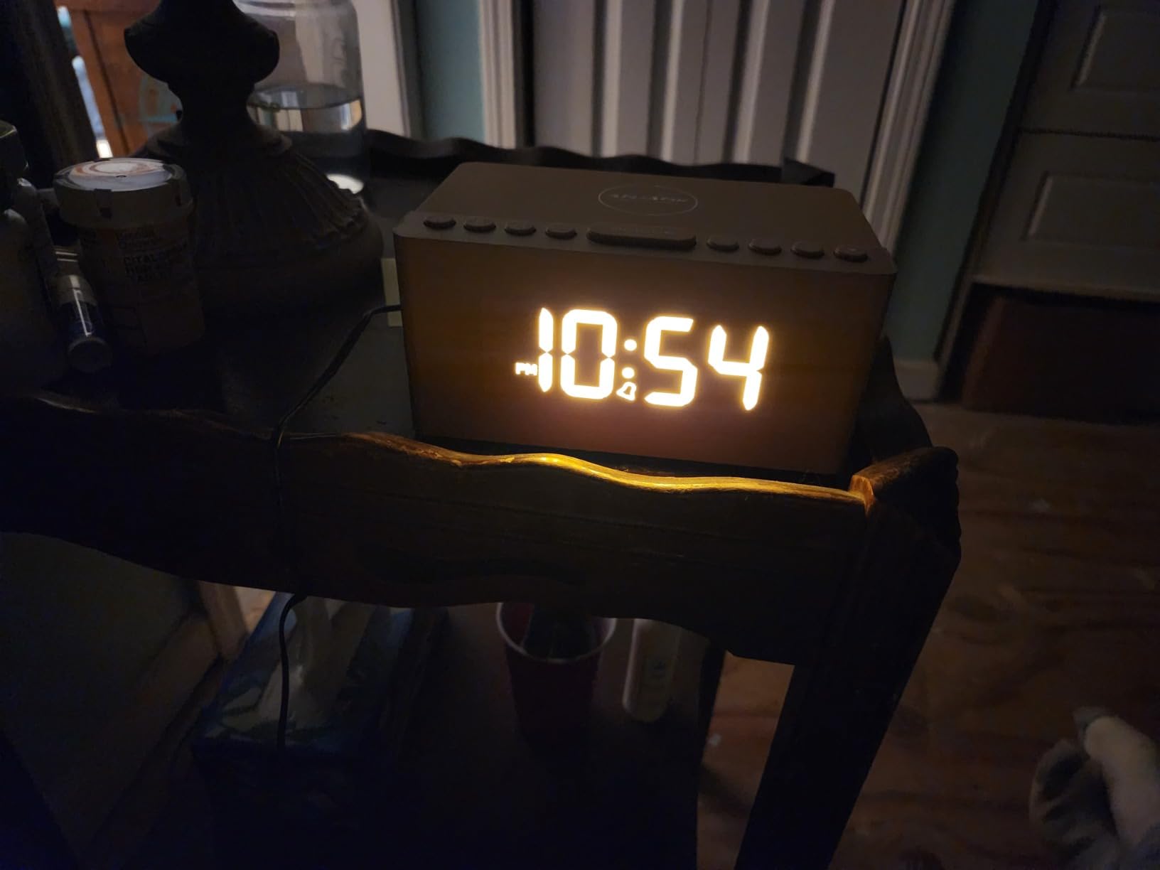 ANJANK Wooden Bluetooth Speaker Alarm Clock with FM Radio, Wireless Charging Station for iPhone/Samsung, USB Charger Port, Dimmable Display, Sleep Timer, Digital Wood Bedroom, Bedside Grey+bluetooth customer photo 2