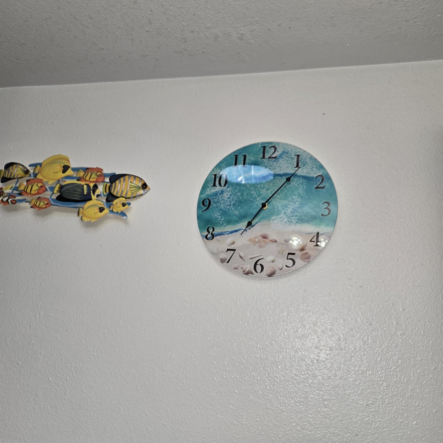 Coastal Beach Wall Clock 12in Teal Seashell Battery Silent Bathroom Decor | Nautical Glass Non Ticking Quartz Aesthetic Decorative Clock For Home, Kitchen, Living Room, Office customer photo 2