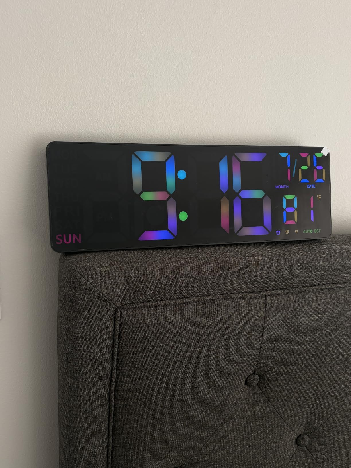 YISILE 16 Inch RGB LED Digital Wall Clock - 8 Color Display, 6 Night Light Modes, Bluetooth Auto Time Sync, Sound Wake-Up, Dual Alarm, Auto DST, Remote Dimmer for Bedroom, Living Room & Gaming Room customer photo 2