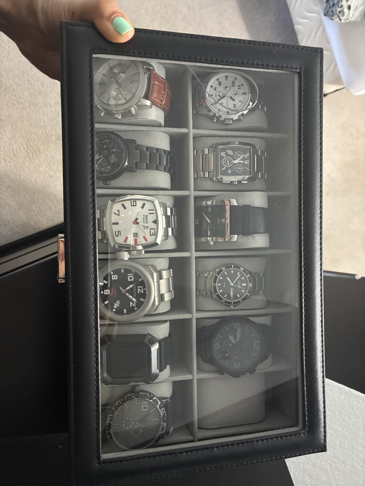 ProCase Watch Box Organizer, 12 Slot Watch Display Case, Brown, Watches Storage Boxes Holder for Men Women, Large Glass Lid, Removable Pillows customer photo 2