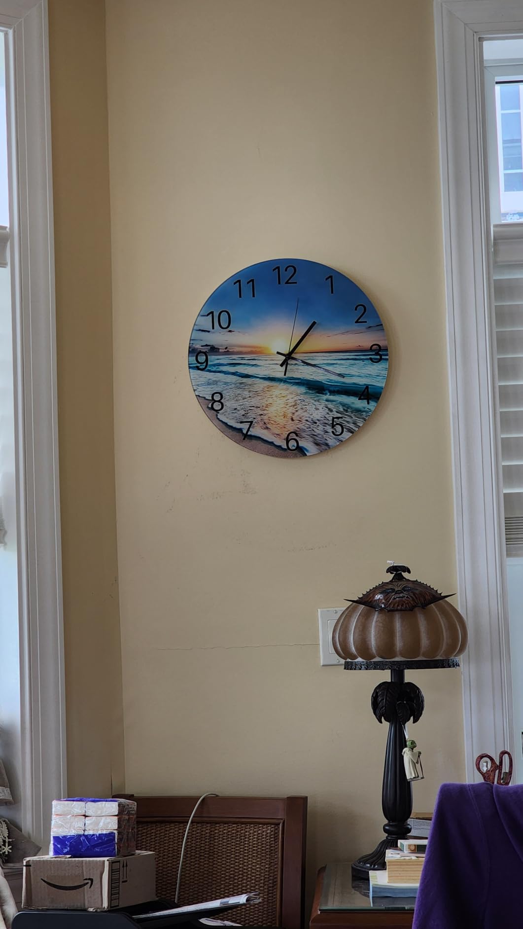 Blue Beach Wall Clock Battery Operated 12 Inch | Round Glass Wall Clock Non Ticking Analog Coastal Wall Clocks for Bedroom Living Room Office Kitchen Decor customer photo 2