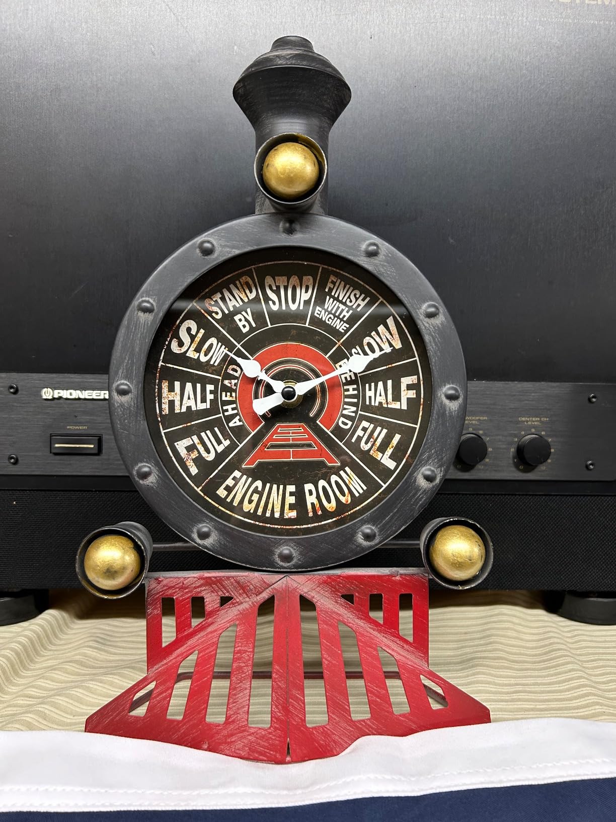 Vintage Train Clock for Desk, Shelf or Wall, Train Gifts for Men | Silent metal locomotive decor with glass-covered dial; 13.5 in tall and ideal for dads, husbands and railroad enthusiasts. customer photo 2