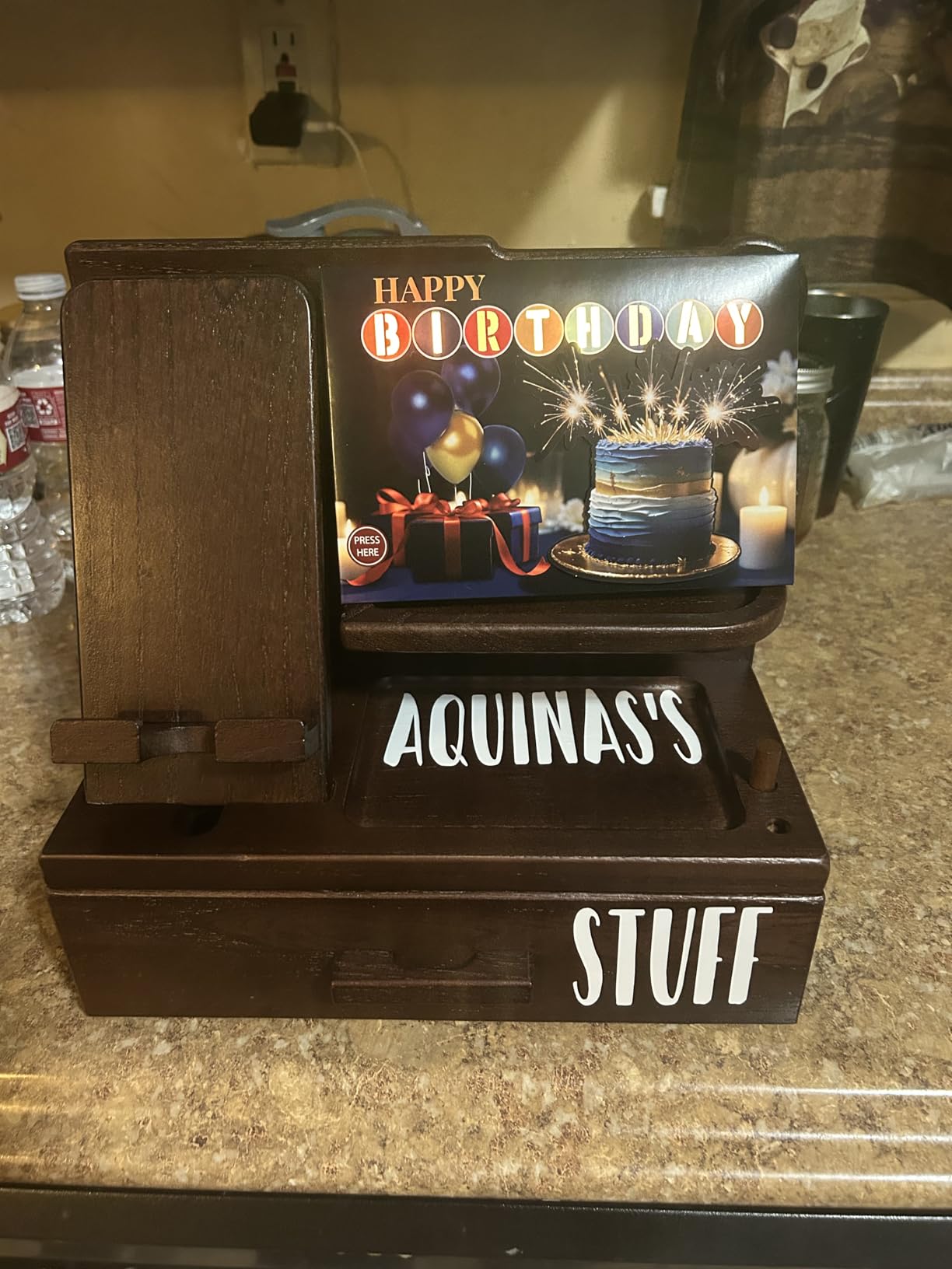 TESLYAR Wood Phone Docking Station with Drawer - Nightstand Organizer - Desk Organizer for Husband - Birthday Gifts for Men, Dad, Anniversary Idea, Key Holder Stand Watch & Accessories (Bourbon Brown) customer photo 2