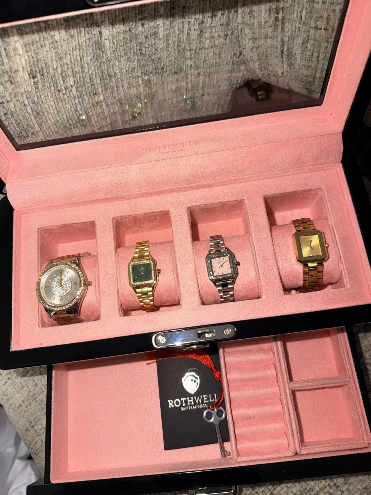 ROTHWELL 4 Slot Leather Watch Box with Valet Drawer - Luxury Case Display Jewelry Organizer, Locking Display Case Holder with Real Glass Top (Tan) customer photo 1