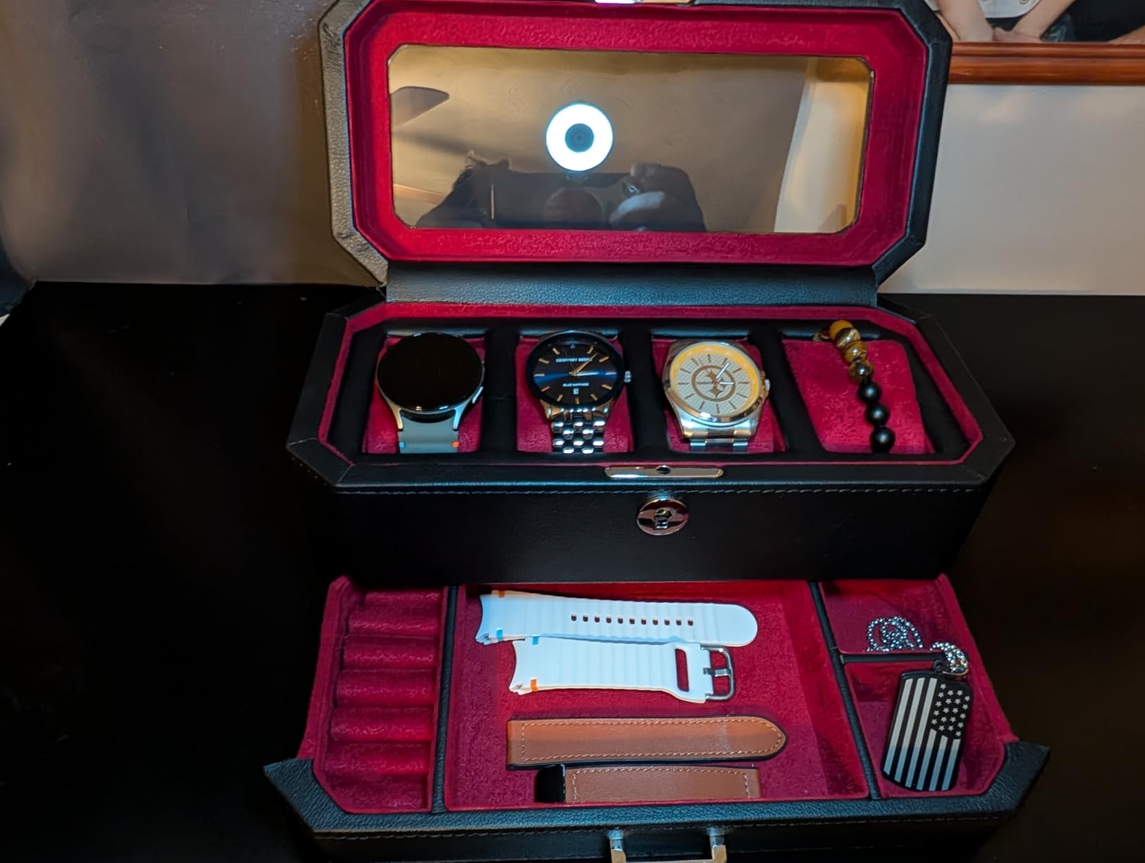ROTHWELL 4 Slot Leather Watch Box with Valet Drawer - Luxury Case Display Jewelry Organizer, Locking Display Case Holder with Real Glass Top (Tan) customer photo 2