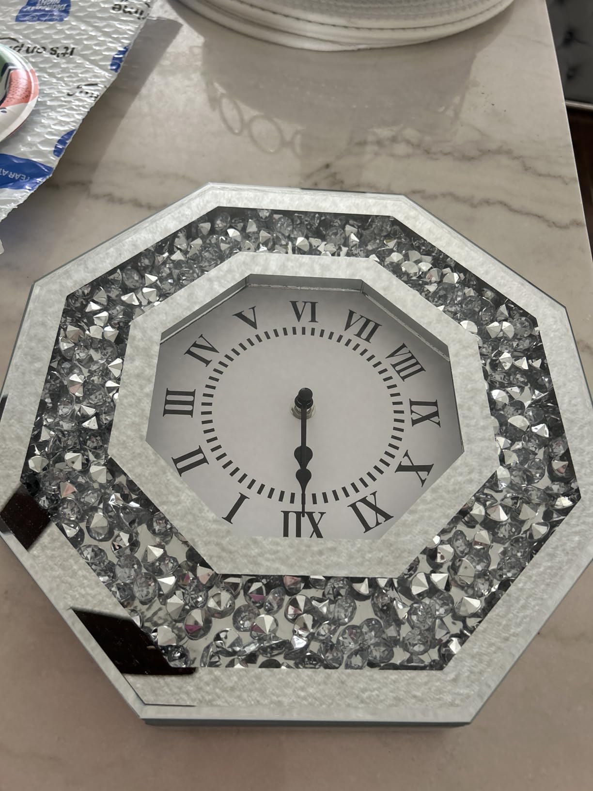 Diamond Mirrored Round Large Wall Clock, Silver Crystal Sparkle Twinkle Bling Diamond Glass Wall Clock Decorative (Octagon) customer photo 1