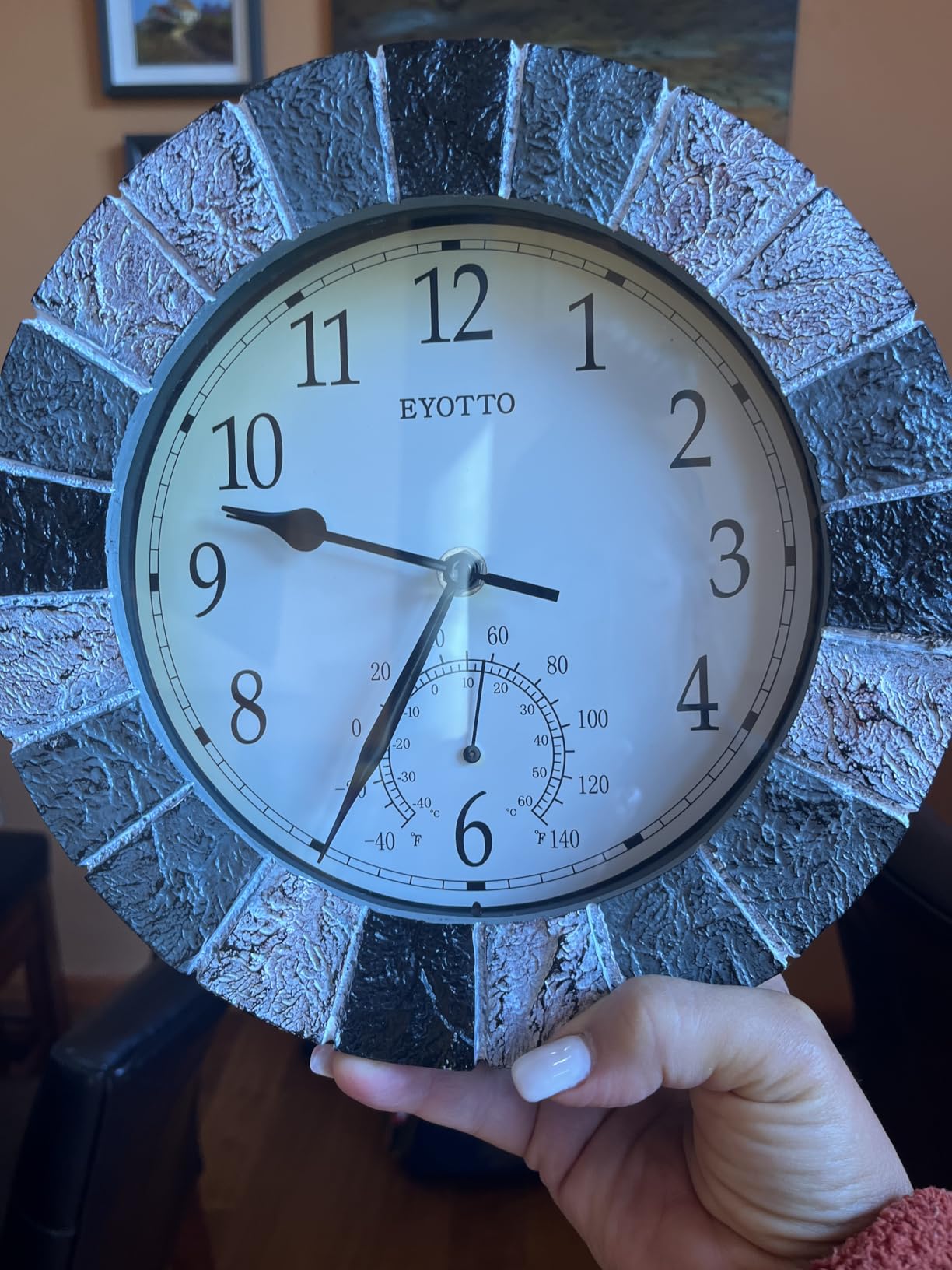 eYotto 10-Inch Small Outdoor Wall Clock, Waterproof with Thermometer, Weather-Resistant, Battery Operated, Silent Non-Ticking customer photo 2