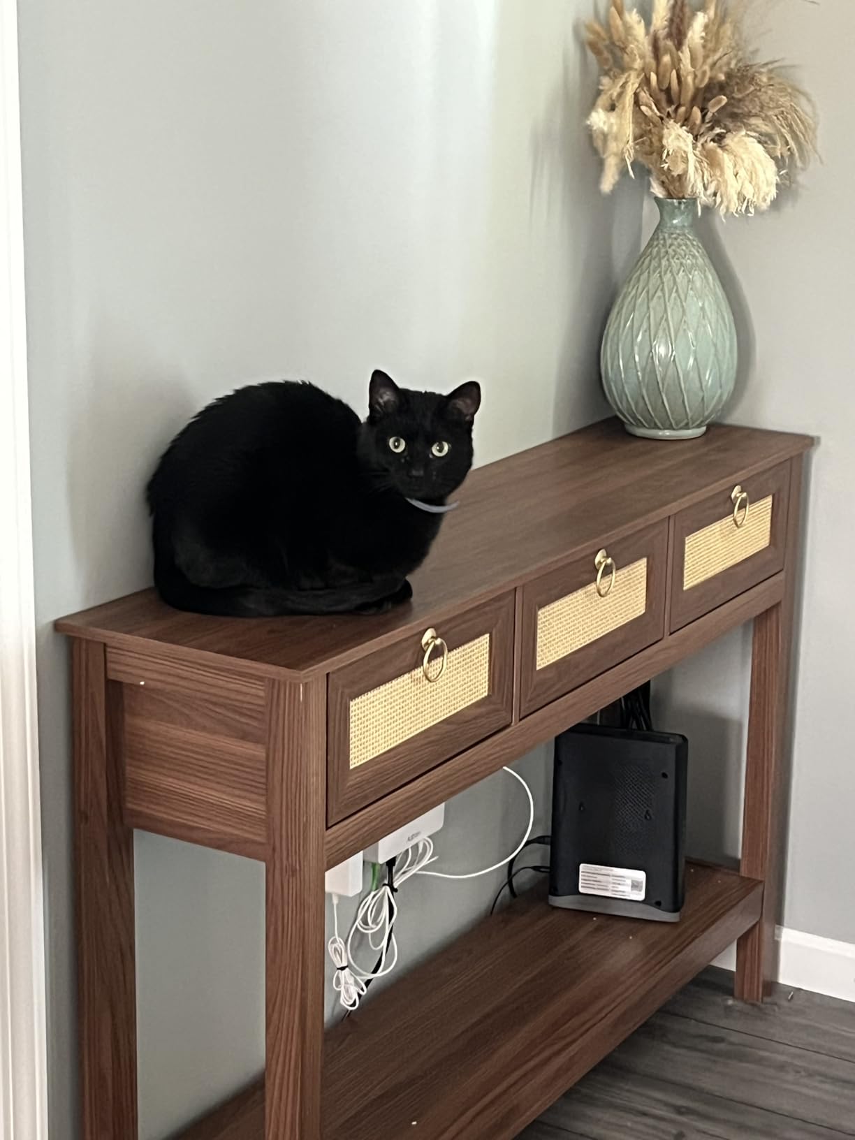 SUPERJARE Rattan Console Sofa Table with Outlets, USB-C Port and 3 Drawers customer photo 1