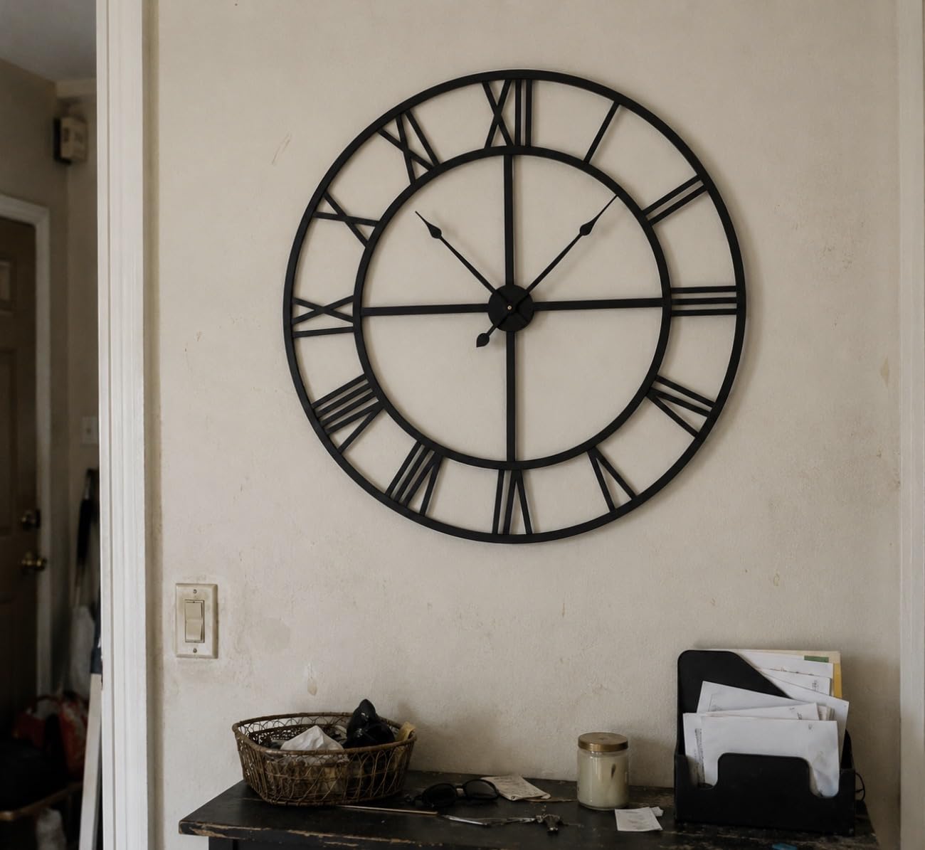 48 inch Large Wall Clock for Living Room Decor - Easy-Assembly (KD) Silent Non-Ticking Modern Farmhouse Wall Clock, Oversized Decorative Metal Roman Numeral Clock, Black customer photo 1