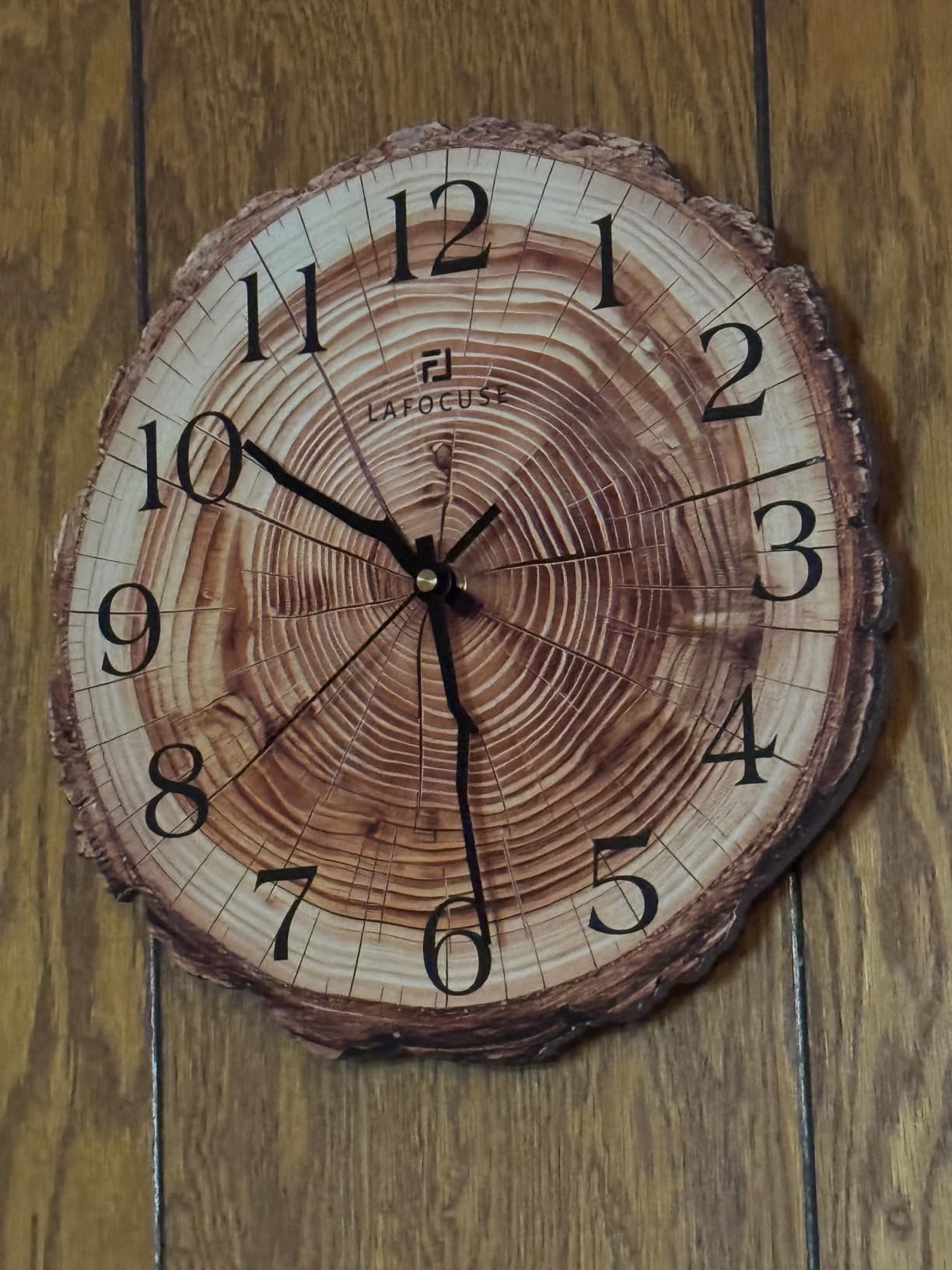 Lafocuse 12 Inch Brown Wooden Rustic Wall Clock for Kitchen Living Room | Annual Ring Tree Stump Design, Battery Operated, Silent Non Ticking, Durable Thickened Dial, Vintage Farmhouse Home Decor customer photo 2