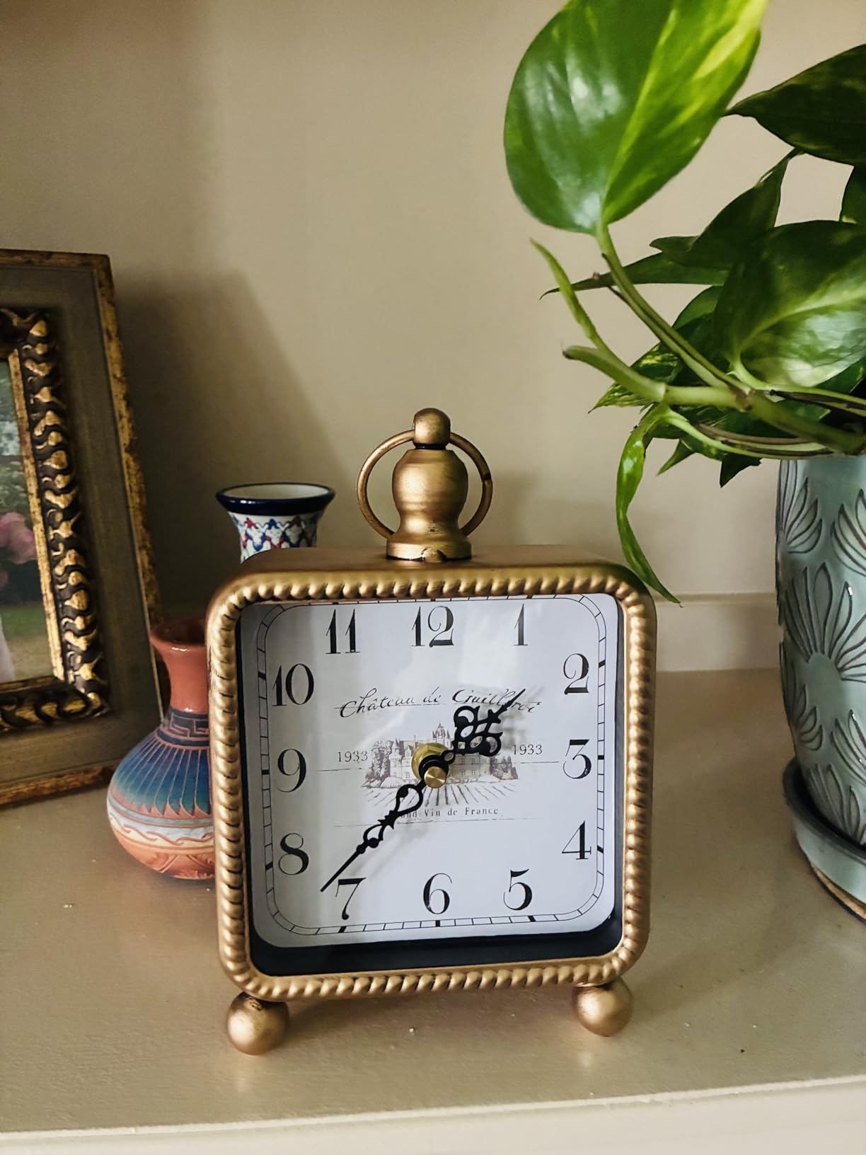 Vintage White Table Clock on Stand, Desk and Shelf Decor Clock, French Rustic Style Mantel Clocks for Farmhouse, Living Room, Bedroom, Bedside, Gift (8.5