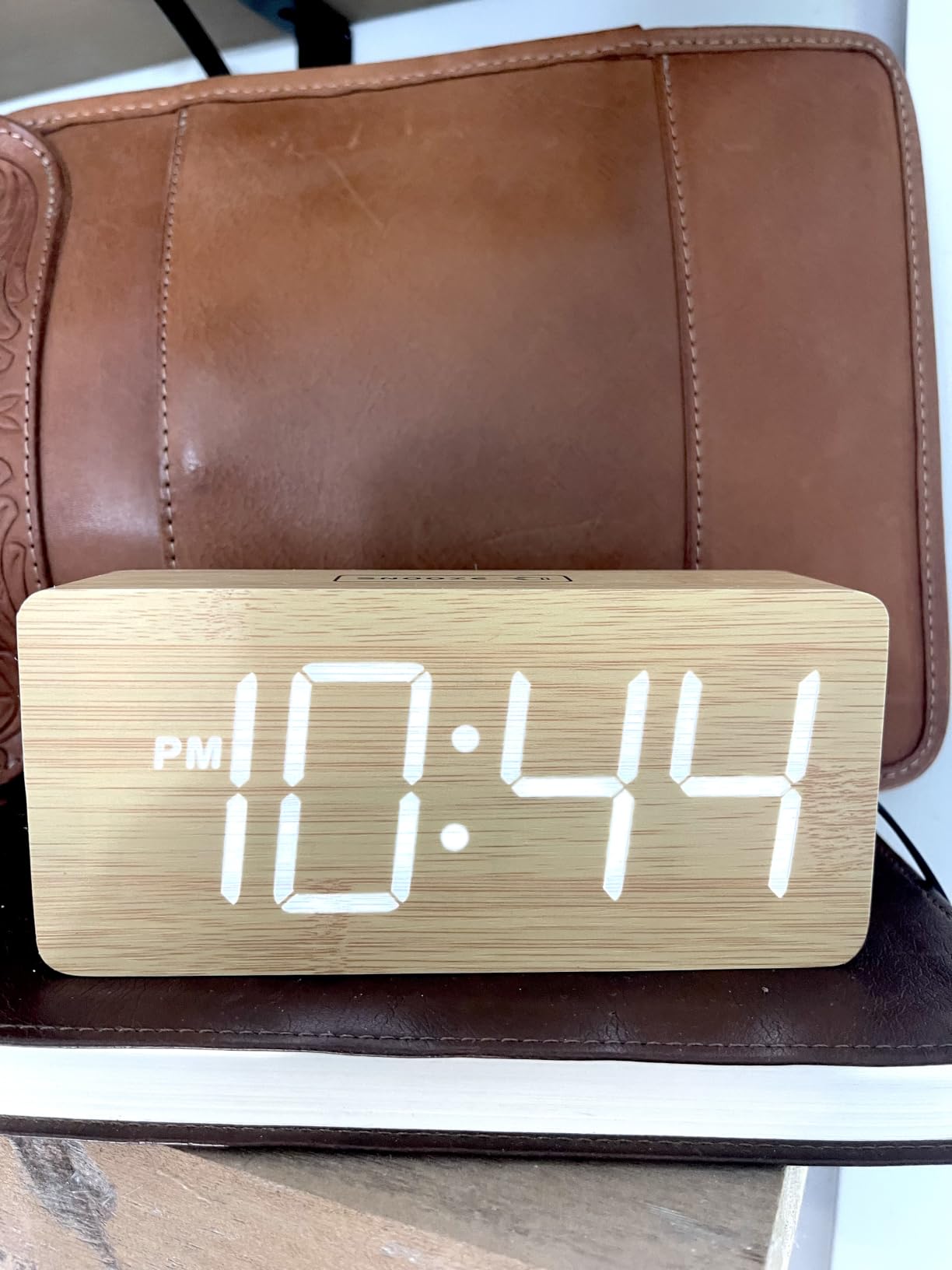 Wooden Digital Alarm Clock for Bedroom -Desk Clock with Date, Day of Week, Temperature, Dual Alarms, Dimmer, USB Port Charge, DST, Adjustable Volume for Living Room/Office Wood Decor (Bamboo) customer photo 1