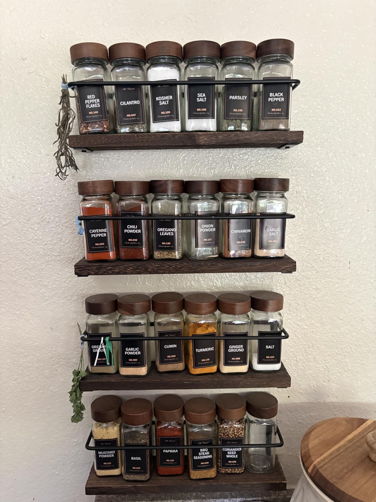 4-Tier Wall Mount Spice Rack Organizer with 24 Glass Jars, 216 Labels & Funnel - Screw/Adhesive Mount, Black Metal & Wood Spice Storage for Kitchen Pantry Cabinet, 11.6