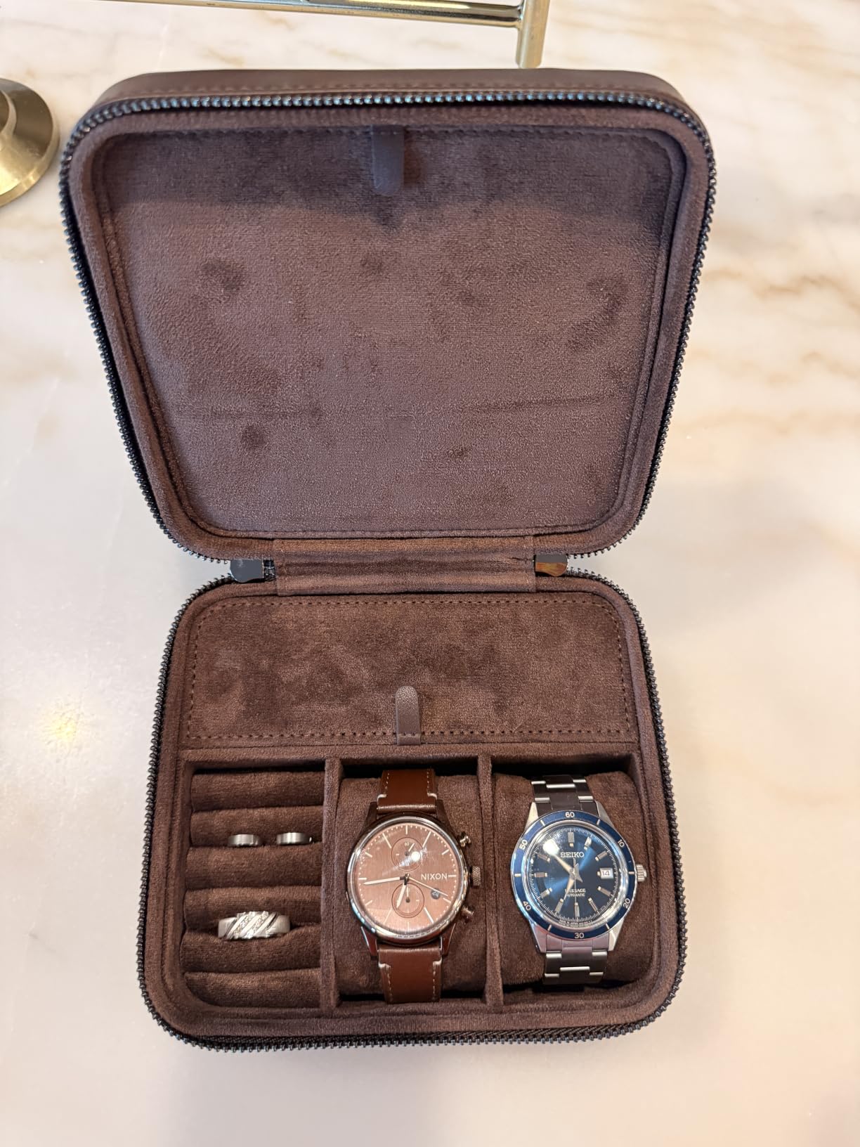 Lumayina 2-Slot Small Travel Watch Case for Men, Watch & Jewelry Organizer | PU Leather Men's Watch Box with Suede Pillows, Ring Rolls, Necklace Hooks, Soft Divider & Watches Storage, Fits up to 50mm customer photo 1