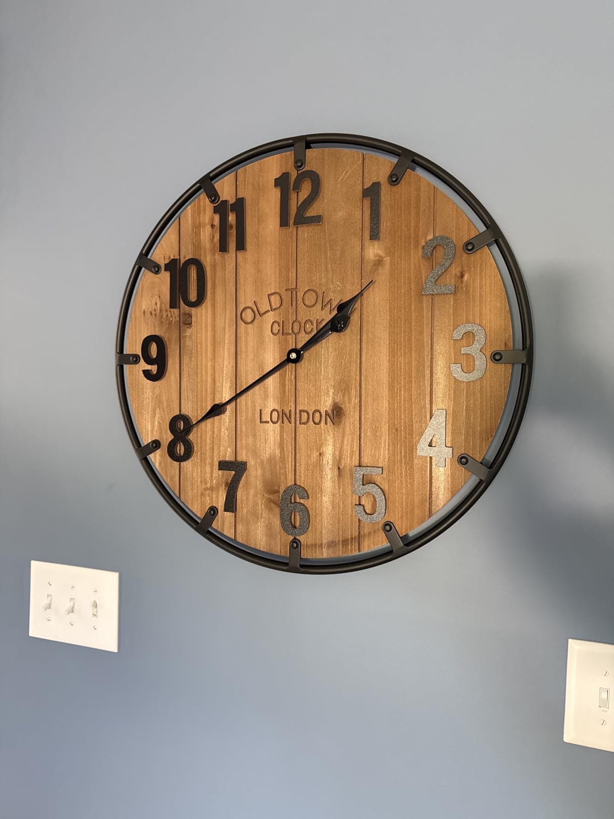 Large Farmhouse Rustic Wooden Wall Clock with Metal Frame and Large Engraved Numbers, Oversized Silent Retro Metal Wood Face Decorative Clock for Office Kitchen Bedroom Living Room (Black, 24 inch) customer photo 1